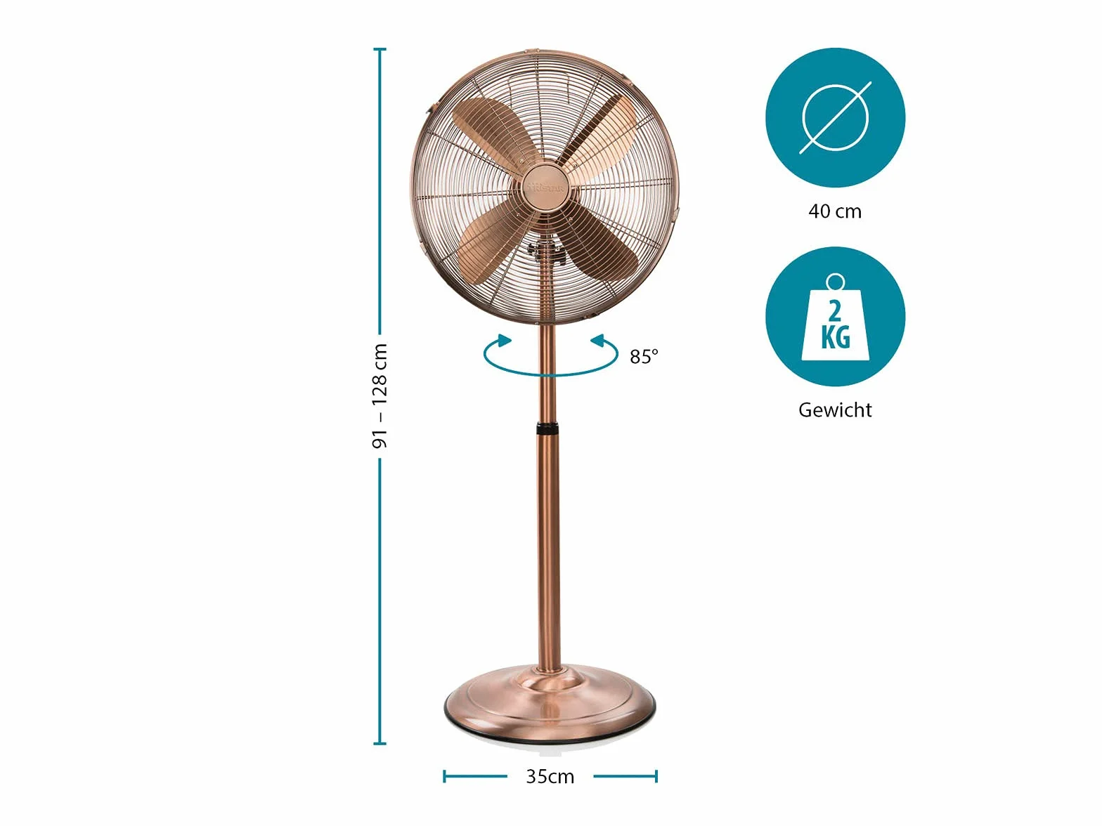 Tristar VE-5971 wentylator stojący – średnica 40 cm – 3 prędkości – 50 W – regulacja wysokości – wygląd miedzi