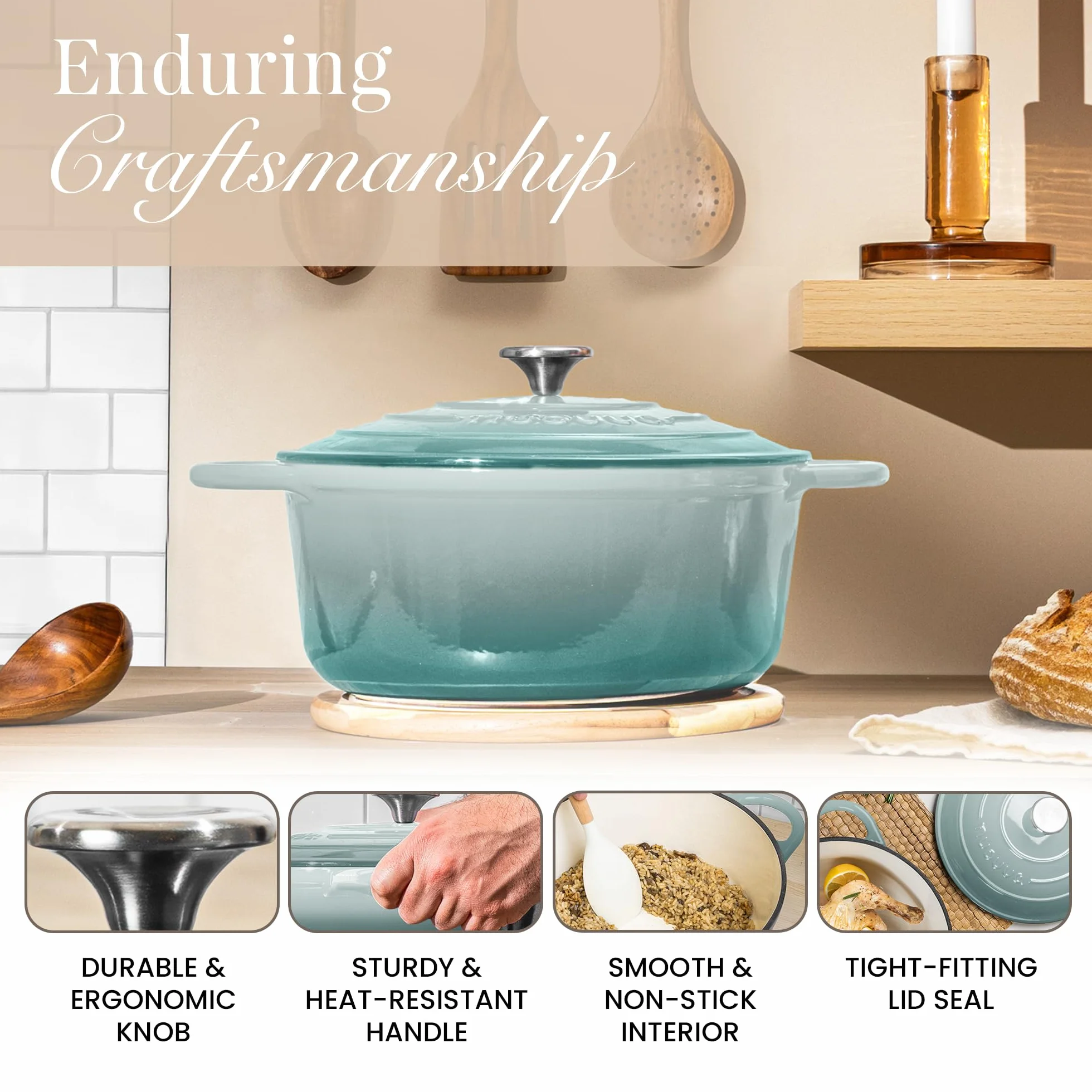 Garnki z Żeliwa z Pokrywką – Emaliowane, Nieprzywierające, Odporny na Piekarnik do 500° F – Solidne Garnki Holenderskie – Sól morska, 6.4 Quart, 28cm – od Nuovva