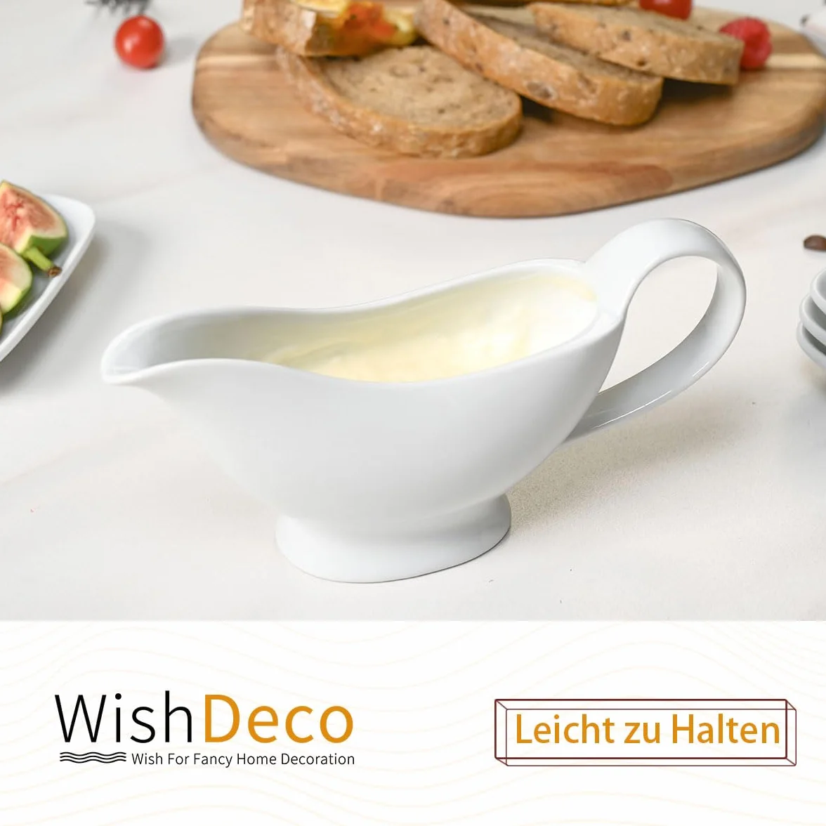 WishDeco Ceramiczna sosjerka, porcelana, sosjerka z dzióbkiem do ust, sosów, sałatek, dzbanków do śmietany, bulion mleczny, czarny pieprz, biały, 20 ml