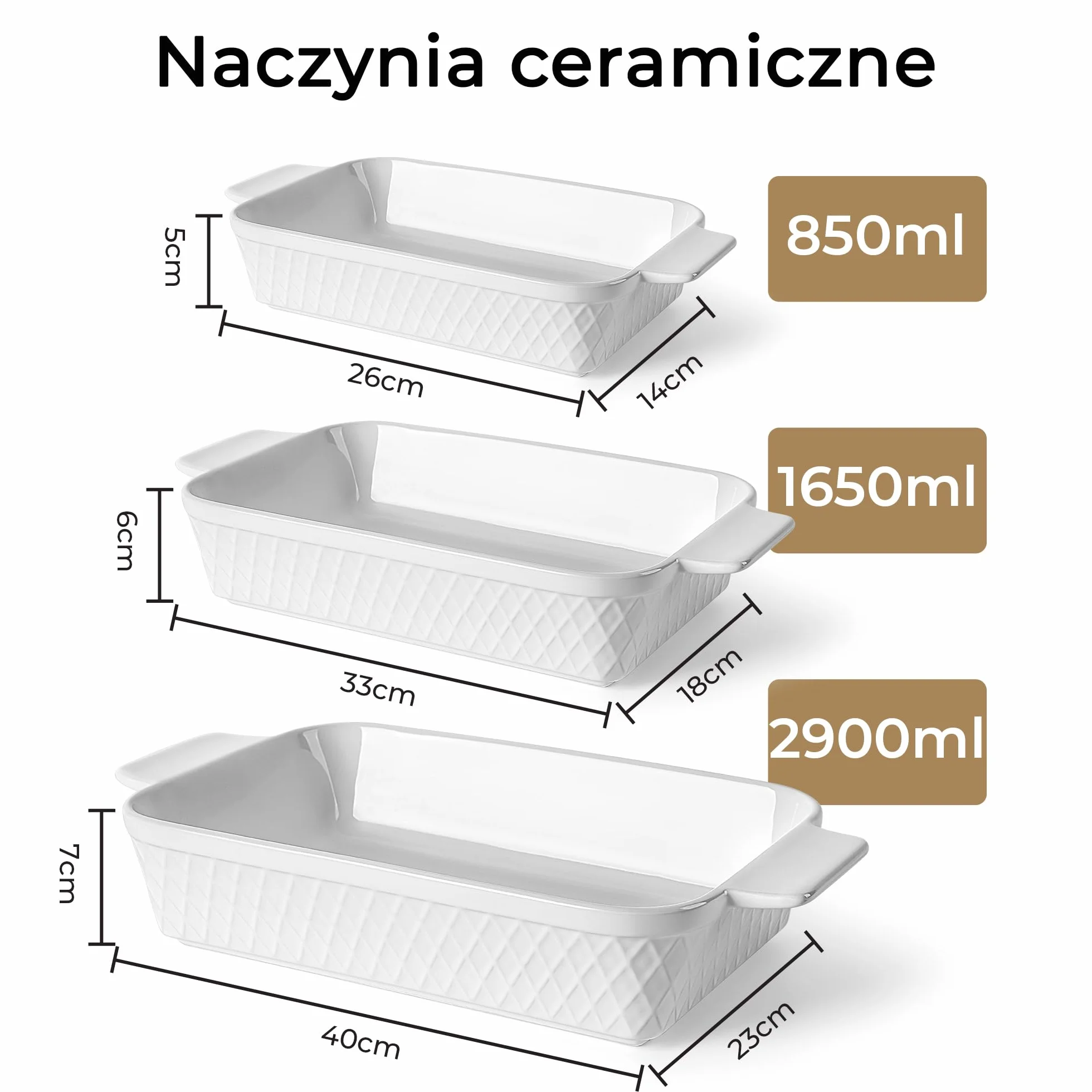 MIAMIO - Zestaw naczyń do zapiekania 3 sztuki/Ceramiczna prostokątna forma do pieczenia, 3-częściowy zestaw naczyń do pieczenia, 850 ml, 1650 ml, 2900 ml - Bezpieczne do zmywarki i piekarnika - Kole