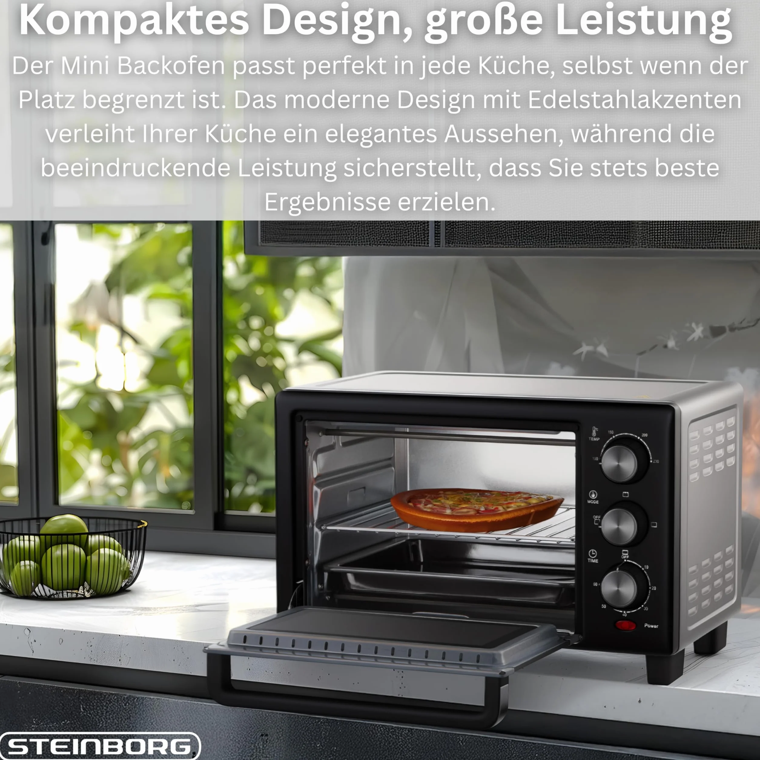 STEInBORG Mini piekarnik 15 l, piec do pizzy 3 w 1, mini piekarnik, blacha na okruchy, ogrzewanie górne/dolne, energooszczędny 60 min. timer