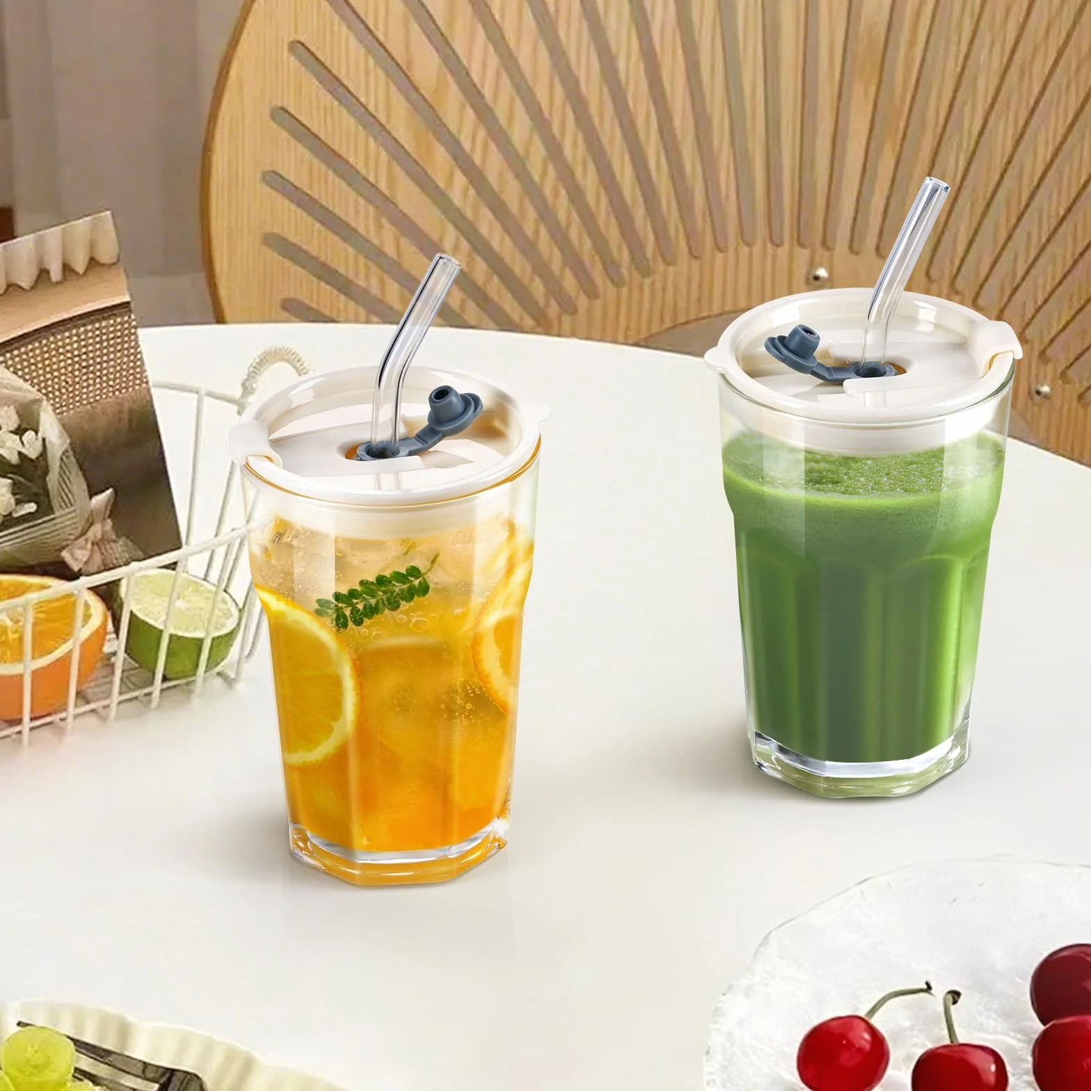 ecooe 430 ml żebrowane szklane kubki z pokrywką i słomką, 2 sztuki, szklane kubki do smoothie, mrożonej kawy, hermetyczne, wodoodporne szklanki do kawy, szklanki do picia soku matcha latte, mleka