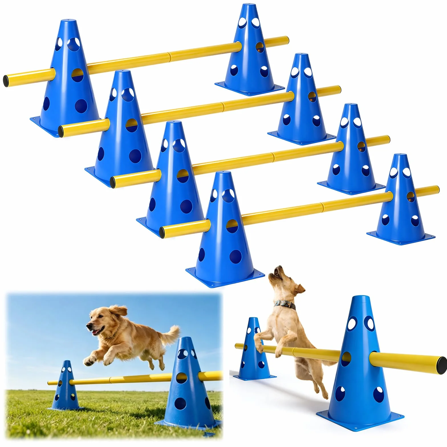 Agility Zestaw praktycznych przeszkód wtykowych dla psów, duże płotki Cavaletti, zestaw płotek dla, regulowane płotki do gry w piłkę nożną, sporty konne (8 stożków o wysokości 23 cm + 8 drążków