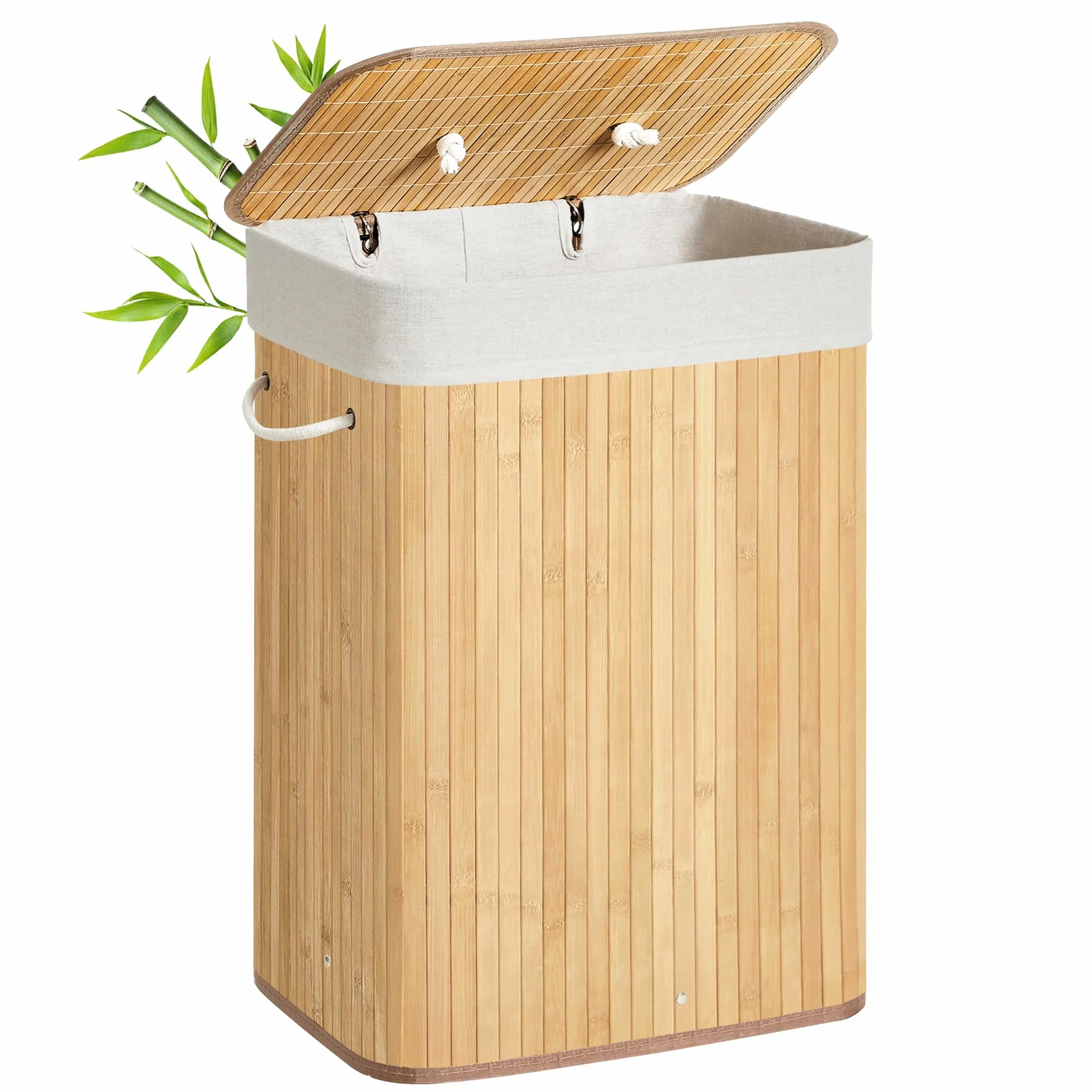 SONGMICS Bambusowy kosz na pranie, składany pojemnik na pranie z pokrywą i zdejmowanym bawełnianym workiem, 72 L, 40 x 30 x 60 cm, Naturalny LCB10Y
