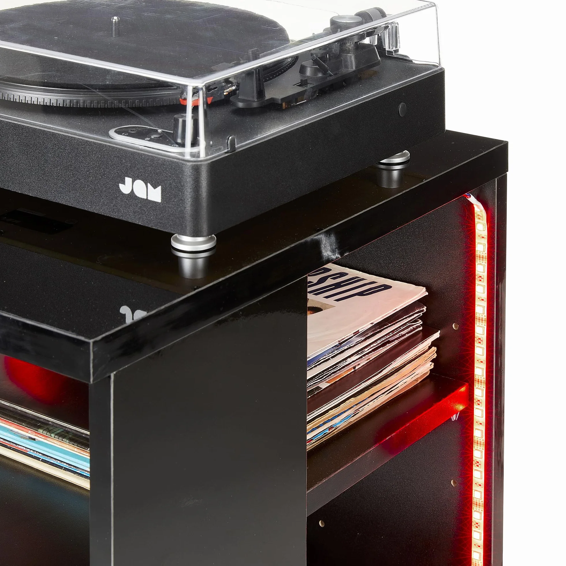 Stojak Hi-Fi z 5 półkami AV, nowoczesny stojak na konsolę pod telewizor z regulowanymi półkami, biały regał do przechowywania Hi-Fi ze światłami LED RGB, stojak do odtwarzacza płyt, głębokość 50 cm