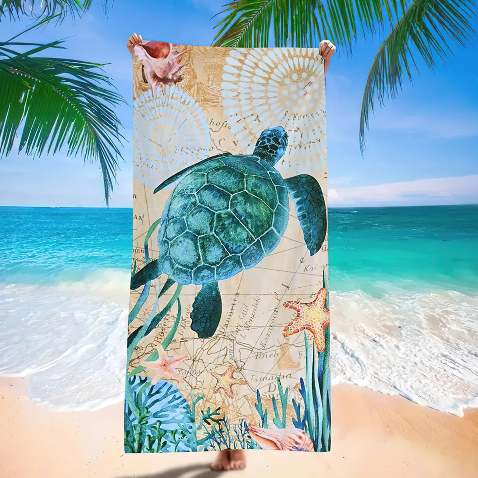 Ręcznik plażowy 90 x 180 cm ręcznik plażowy XXL, bez piasku, z żółwiami morskimi