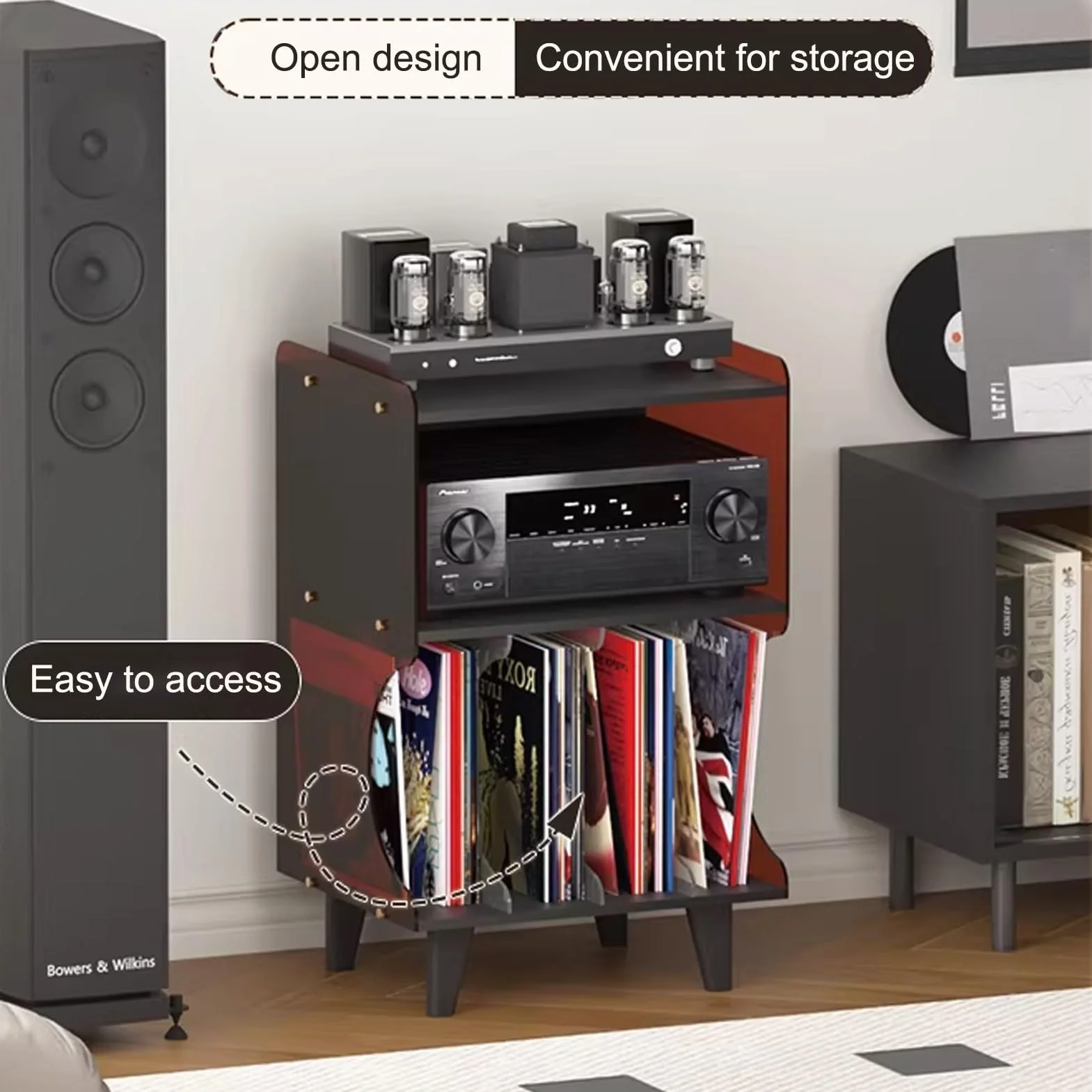 Stolik w stylu vintage z akrylowym uchwytem na płyty CD, retro szafka do przechowywania płyt winylowych, mały stojak na media na winyl i filmy, stylowy czarny i przezroczysty design
