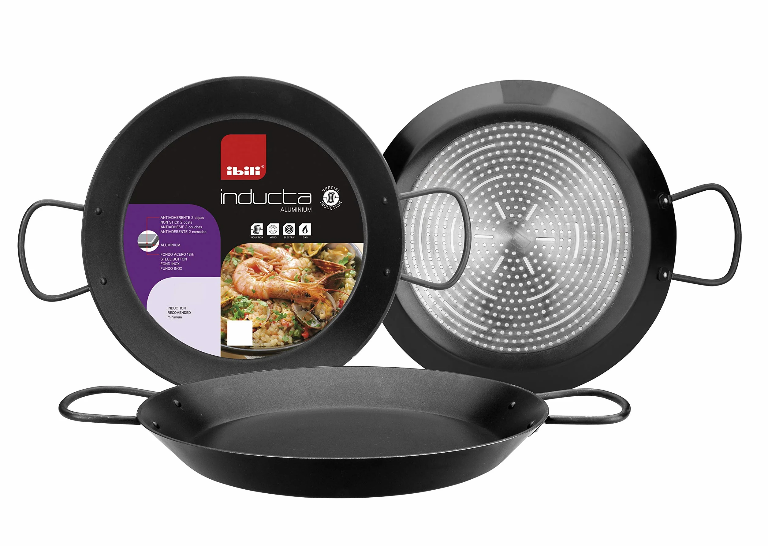 Ibili Patelnia do paelli Inducta, 34 cm, aluminium, powłoka zapobiegająca przywieraniu, 6 porcji, odpowiednia do płyty indukcyjnej