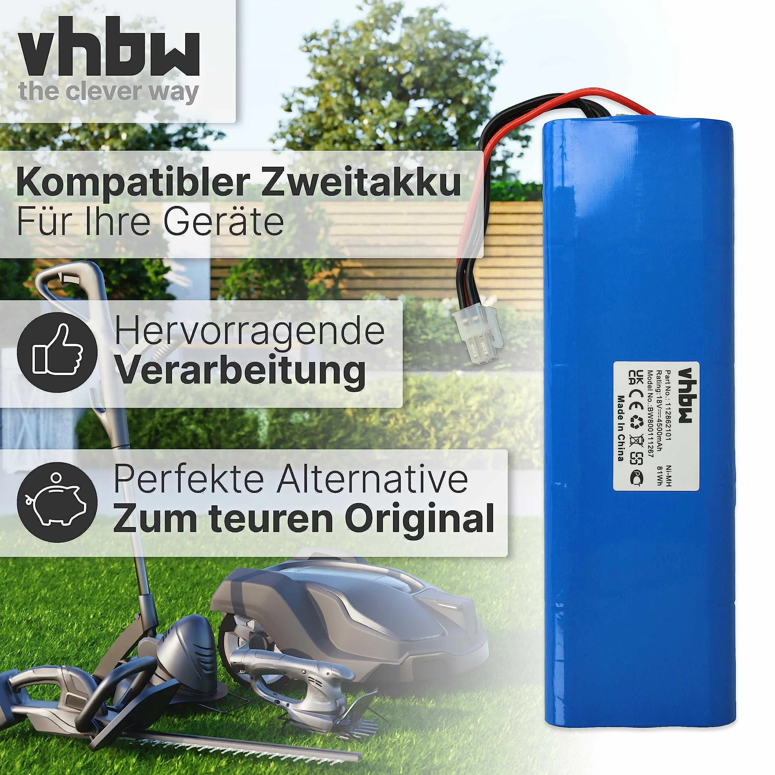 vhbw Akumulator kompatybilny z kosiarką Husqvarna Automower 210AC, 210C, 220AC, 230ACX, 260ACX, G2 (2004-2006), SH, Solar Hybrid - (NiMH, 4500 mAh, 18 V)