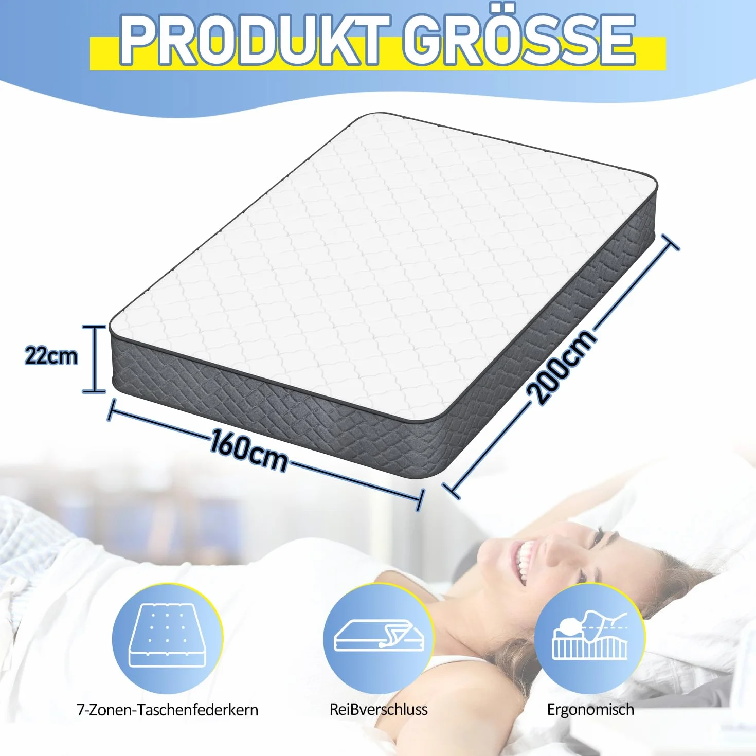 Materac ze sprężynami kieszeniowymi 160 x 200 cm, ergonomiczny stopień twardości H3, z 7-strefowym materacem, certyfikat Öko-Tex® i CertiPUR®, wysokość 22 cm