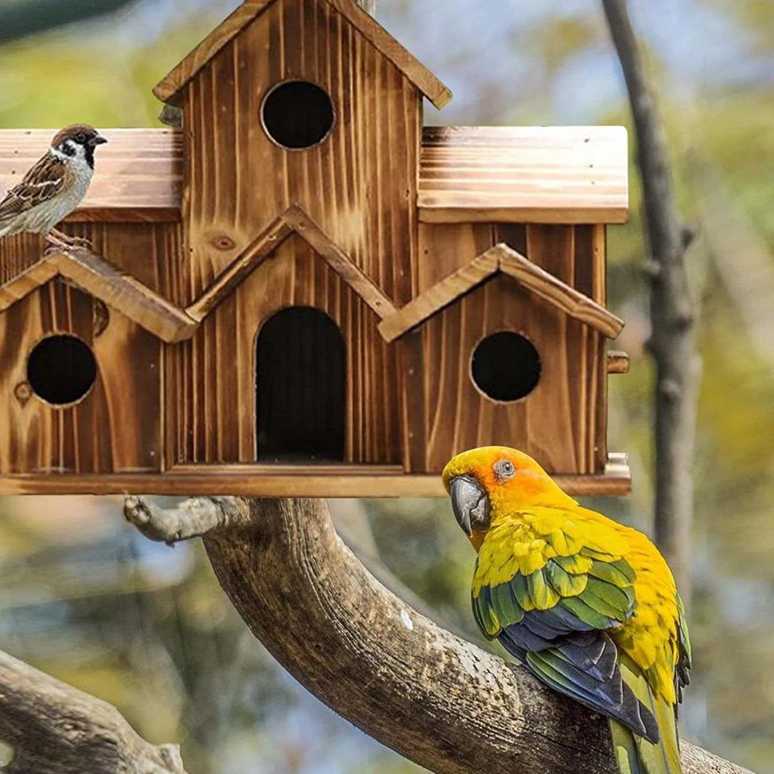 6-otworowy ręcznie wykonany naturalny drewniany domek dla ptaków na zewnątrz, gniazdo papug, domki dla ptaków, brązowy
