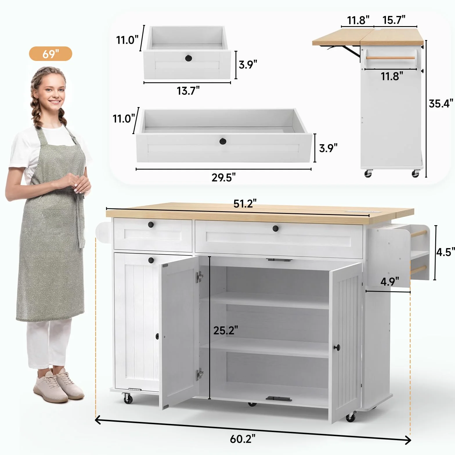 Wyspa kuchenna 152 cm z gniazdem zasilania i opuszczanym liściem, wyspa kuchenna ze stojakiem na przyprawy i wieszakiem na ręczniki, uchwyt na noże, wózek na wyspę kuchenną z szafką do przechowywania