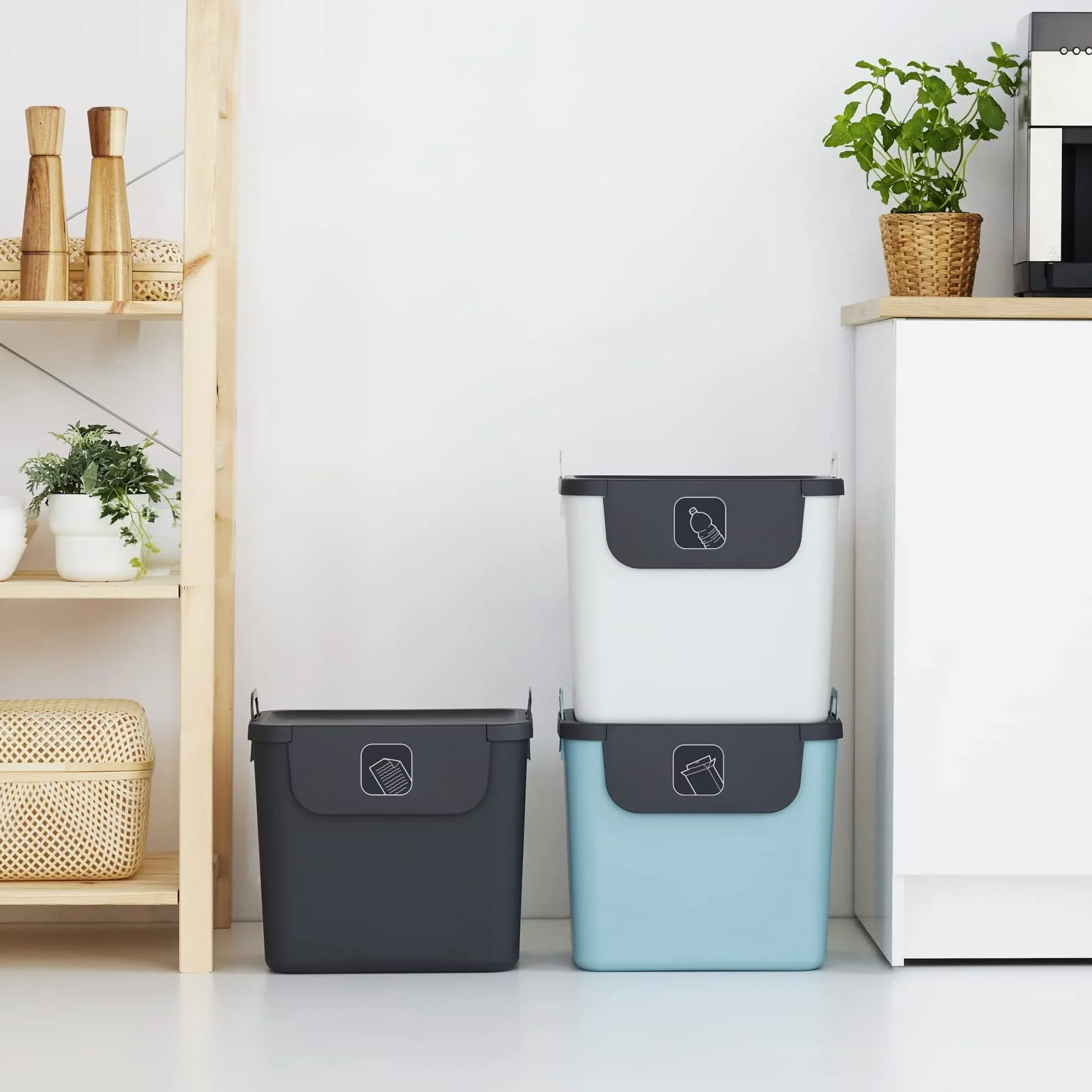 Jive system segregacji śmieci, zestaw 3 sztuk, 30 l, do kuchni, tworzywo sztuczne (z recyklingu PP), ciemnoszary/biały/zielony, 3 x 30 l (39,8 x 29,8 x 50,1 cm)