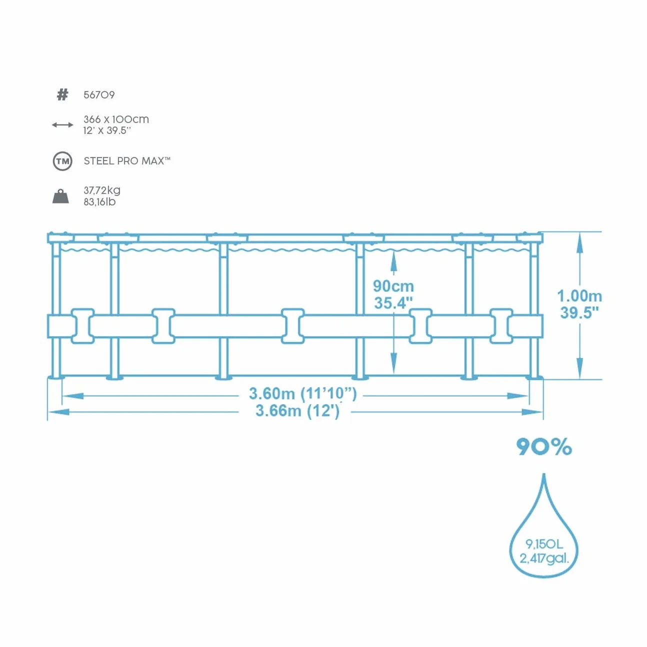 Bestway Steel Pro Max Framepool zestaw basenowy, okrągły, z pompą filtrującą i drabinką bezpieczeństwa 366 x 100 cm