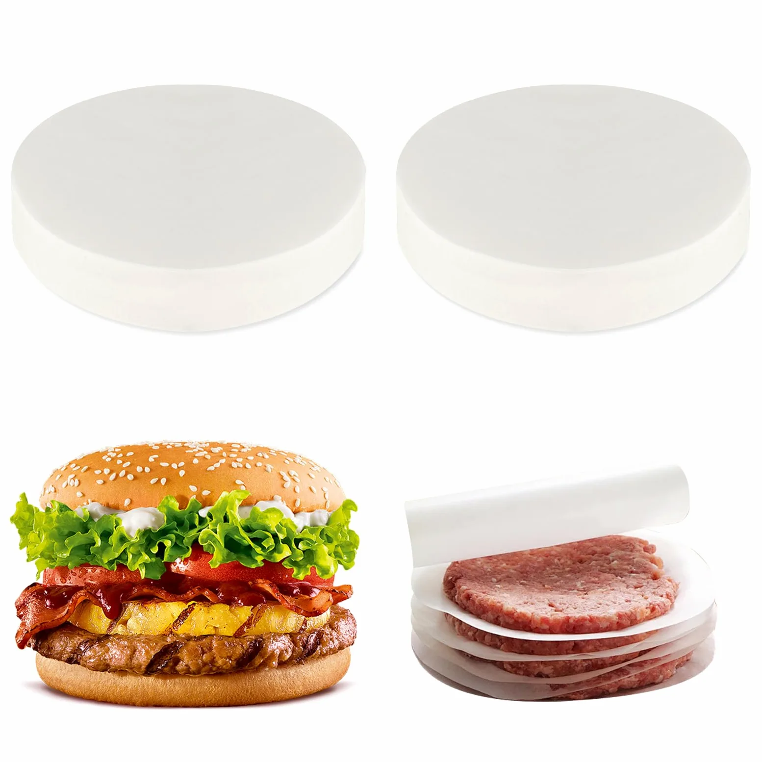1000 szt. arkuszy papieru do burgerów, 11 cm, okrągłe prasy do burgerów, odporne na tłuszcz, pergamin do pieczenia, nieprzywierające arkusze papieru woskowego do żywności, oddzielne mrożenie papieru