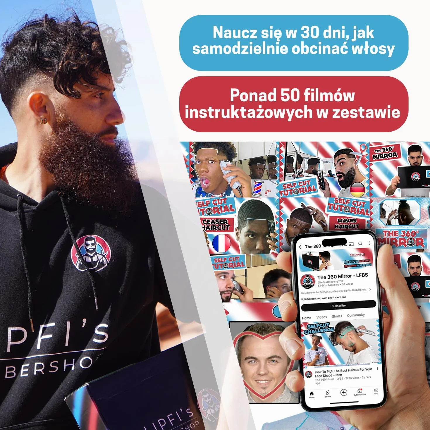 Lustro 360 - Regulowane haczyki teleskopowe - Lustro do samodzielnego strzyżenia dla mężczyzn - Lusto 3-kierunkowe do strzyżenia włosów - Lustr doo samodzielnego strzyżeni (I Z diodą LED I)