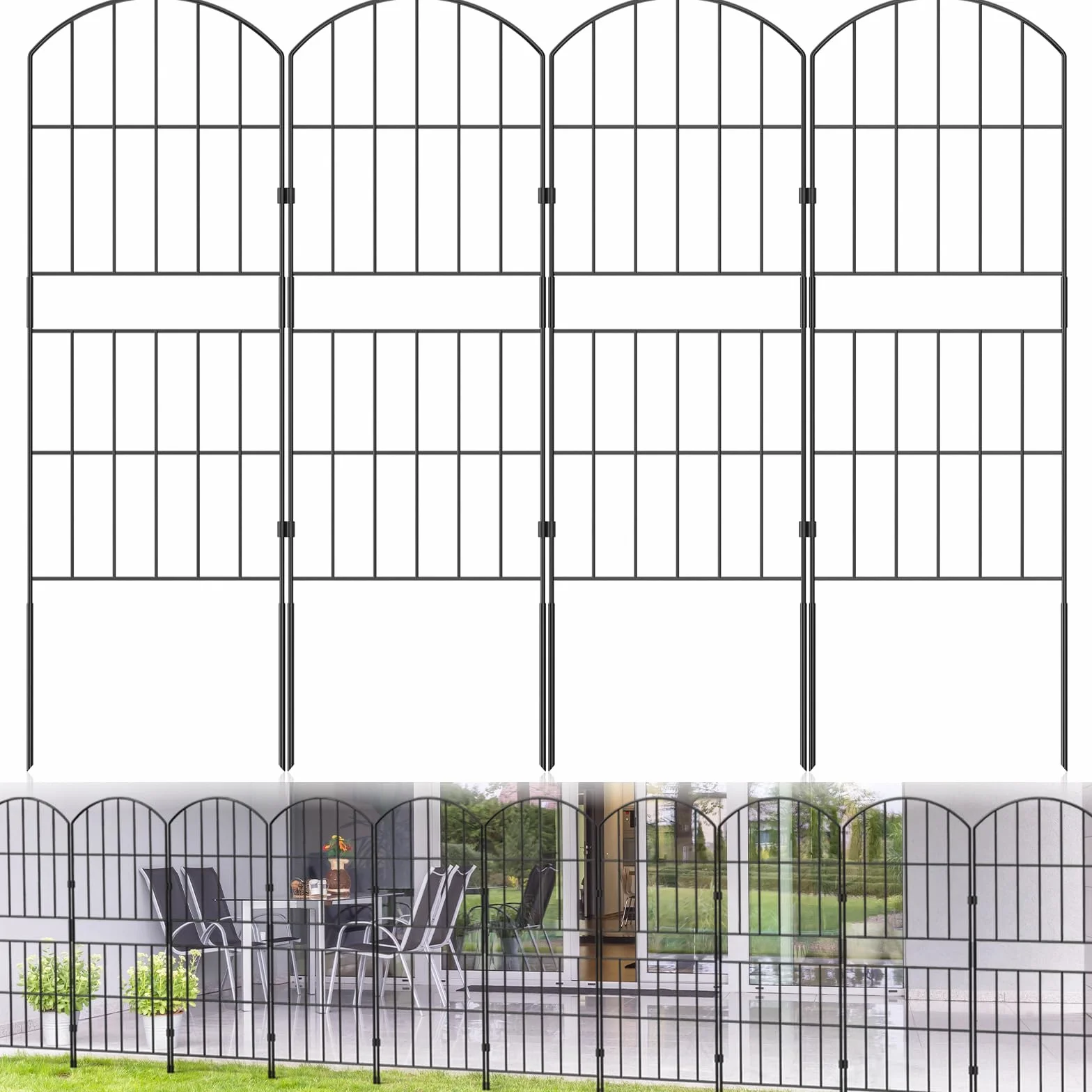WELDUN Ogrodzenia ogrodowe łącznie 310 cm (wys.) × 85 cm (H), ogrodzenie ogrodowe, bariera dla zwierząt, bez kopania, 10 szt. nierdzewnych metalowych paneli ogrodzeniowych, czarne ogrodzenie bez