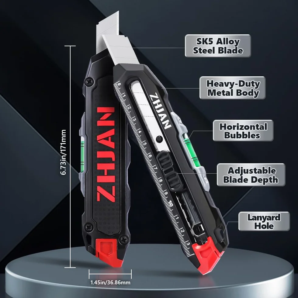 Wysuwany nóż użytkowy z poziomicą i linijką, SK5 Multifu Box Cutter z 10 zapasowymi ostrzami, do mierzenia, cięcia kartonów, kartonów i pudełek