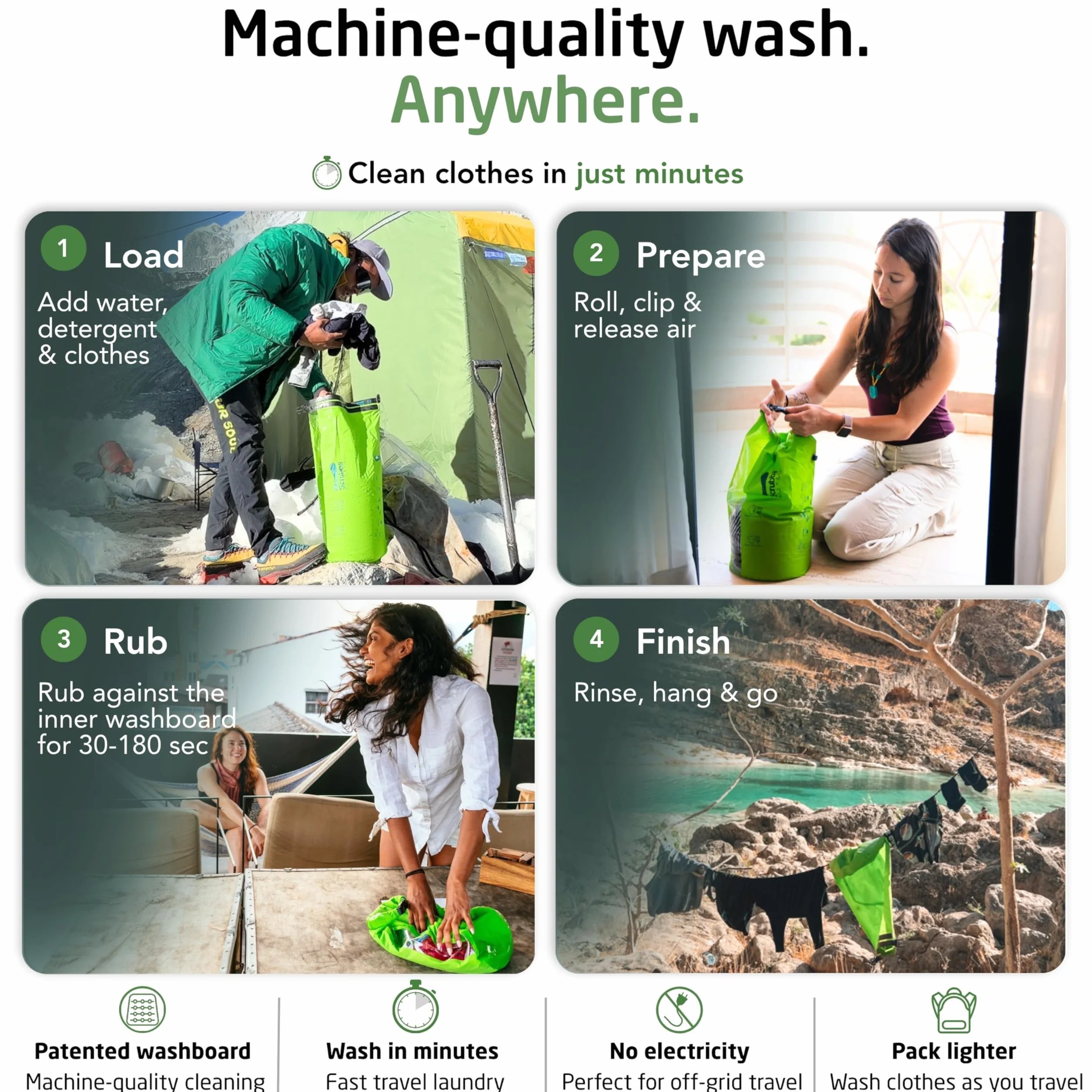 Scrubba Toplader Wash Bag 2.0 – pralka kempingowa – torba na pranie i worek do prania, zielona