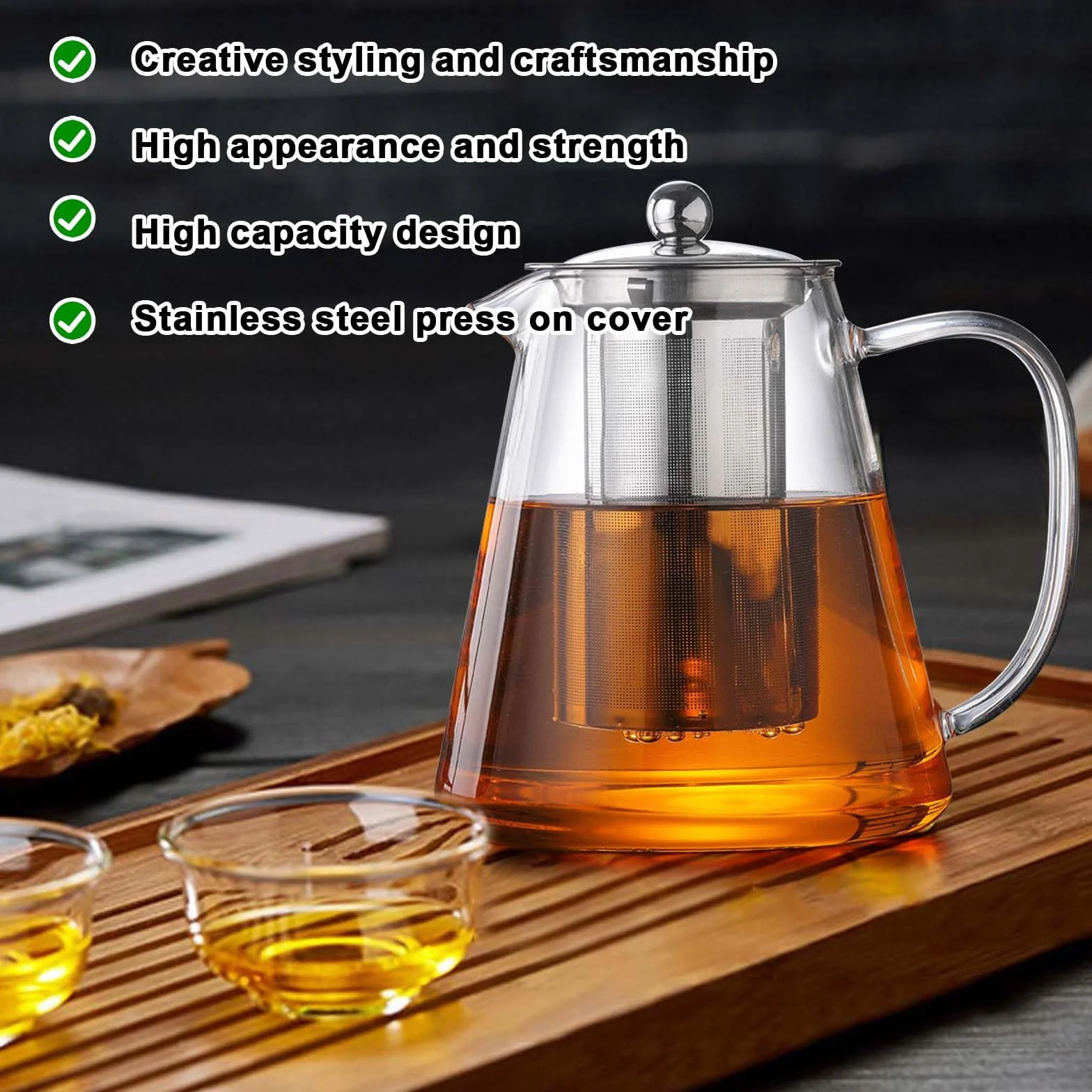 Dzbanek do herbaty z sitkiem i pokrywką, 1300 ml, szklany dzbanek do herbaty ze szkła borokrzemowego, ze zdejmowanym sitkiem, wytrzymały dzbanek do herbaty, odporny na wysoką temperaturę, do herbaty