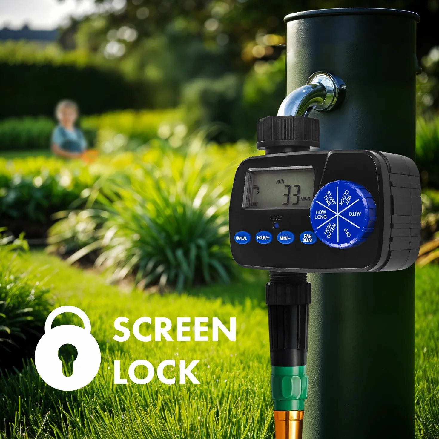 Green Blue Sterowanie nawadnianiem | Elektroniczny regulator nawadniania z ochroną IP55 | Automatyczny timer nawadniania ogrodu z wyświetlaczem i funkcją ręcznego uruchamiania