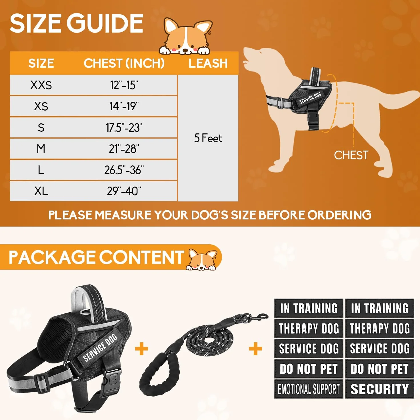 Animire Service Dog Vest Harness and Leash Set with 10 Patches, Reflective Leash Padded Handle for Dogs (Black, M)