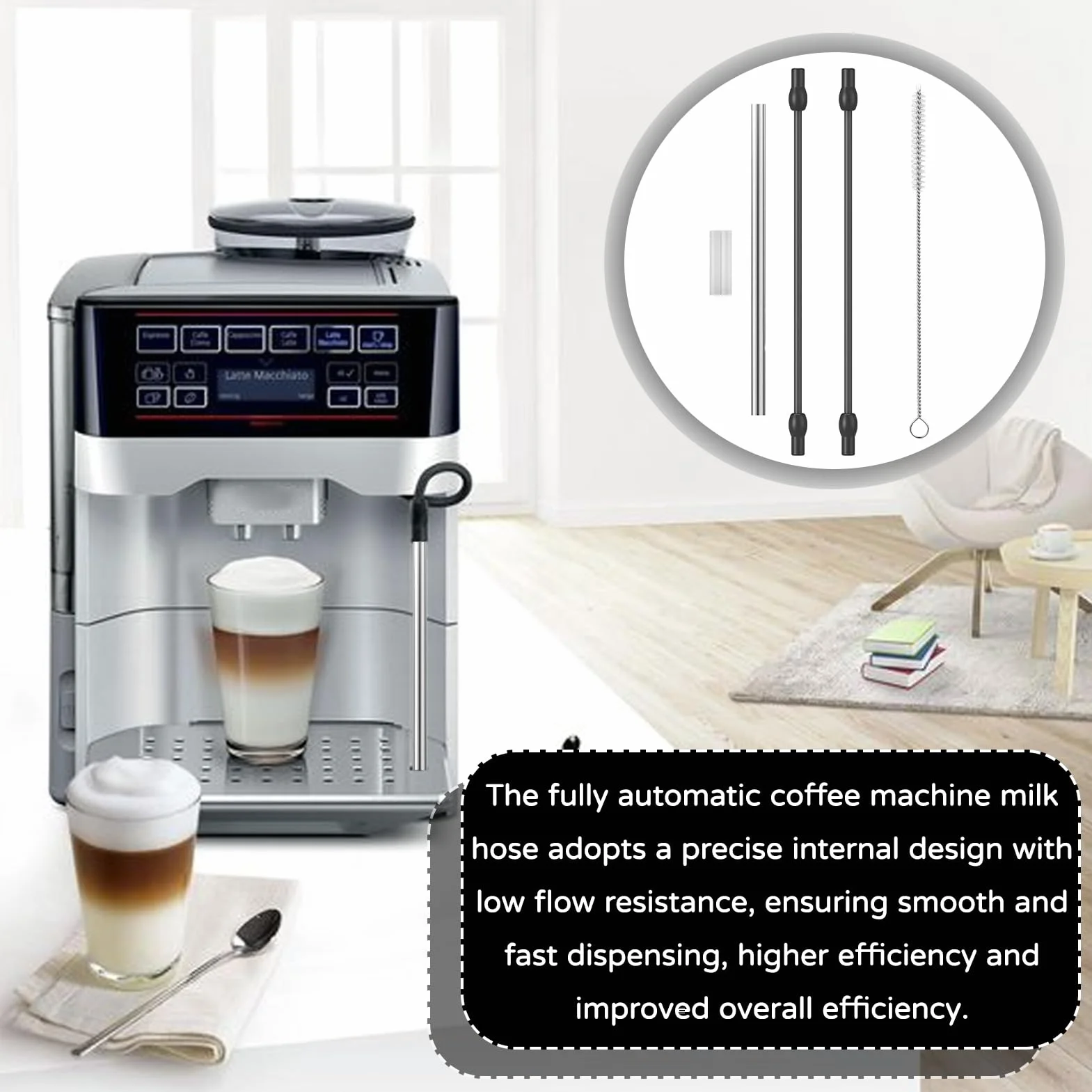 Wąż do mleka kompatybilny z Siemens EQ6,5 szt., część zamienna EQ6 do mleka, rura do mleka ze stali nierdzewnej i zestaw szczotek do czyszczenia, w pełni automatyczny ekspres do kawy EQ6 300/500/700 i