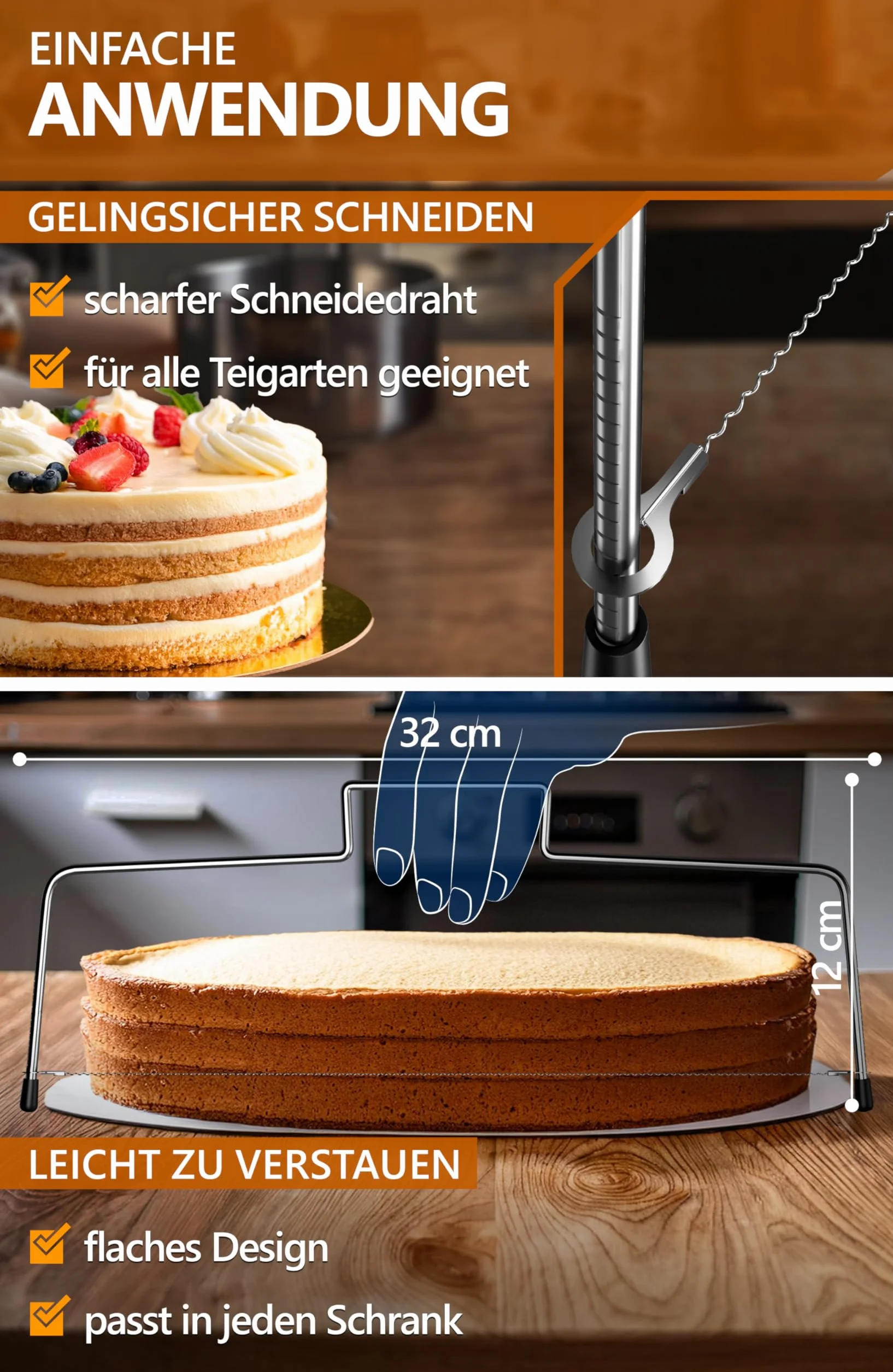 4smile Regulowany drucik do krojenia ciasta w linii prostej – drut do cięcia ciasta wykonany ze stali nierdzewnej i łatwy do czyszczenia – pieczenie będzie przyjemnością, a warstwowe ciasta będą się
