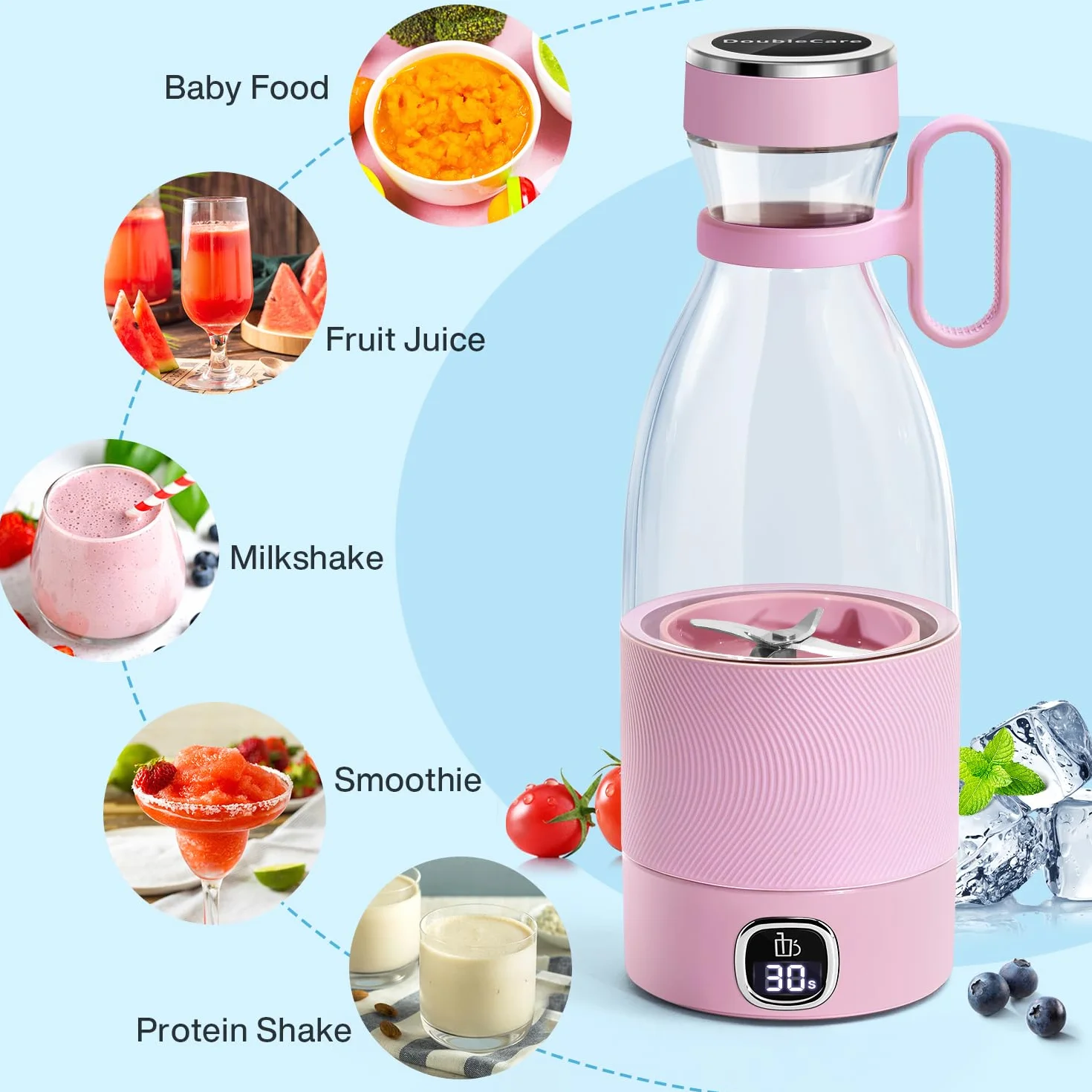 DoubleCare Przenośny blender, 6-ostrzowy elektryczny sokowirówka USB z wyświetlaczem LED, 350 ml mini blender do koktajli i smoothie, akumulator 3000 mAh, do rodzinnych sportów na świeżym powietrzu