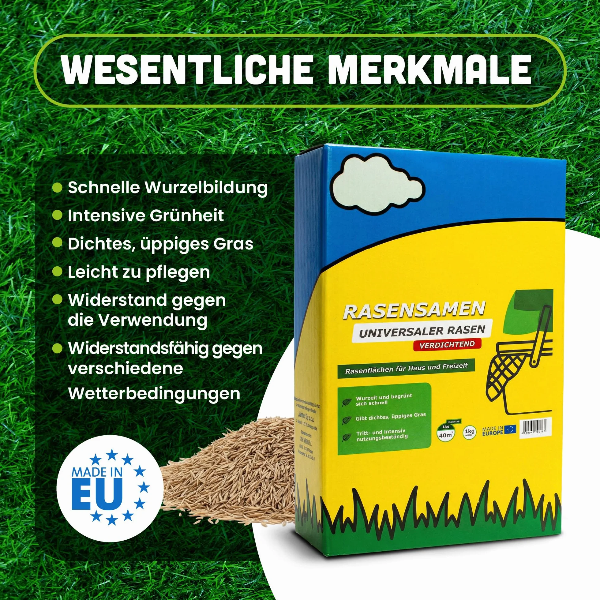 Uniwersalna trawa ogrodowa 40 m², 1 kg - Doskonała do użytku przydomowego i trawnikach rekreacyjnych - Odporna na intensywne użytkowanie - Szybko kiełkujące nasiona trawy