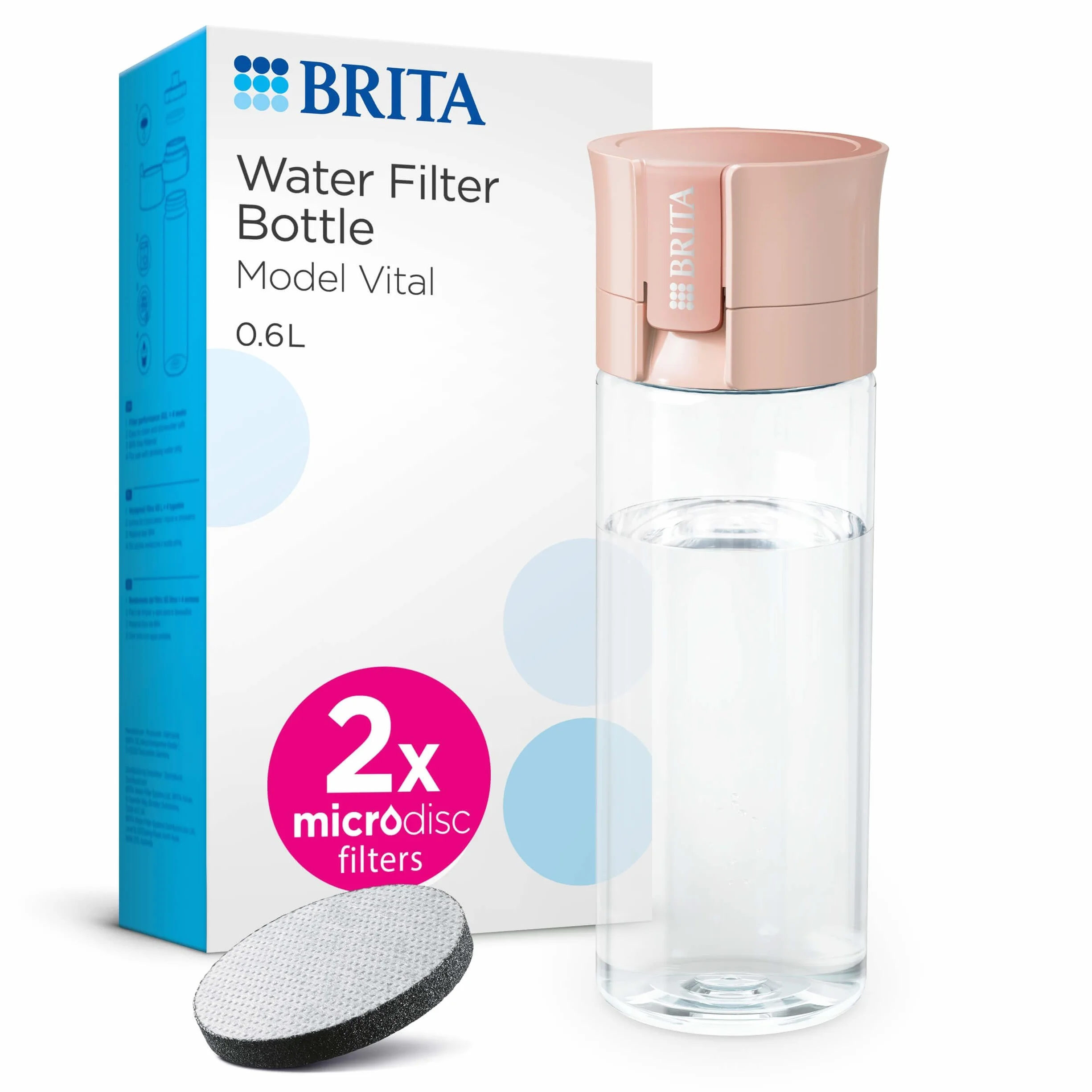 BRITA Butelka z filtrem do wody Model Vital morelowa (600 ml) w zestawie z 2 filtrami MicroDisc – praktyczna butelka na napoje z filtrem do wody w podróży, filtruje chlor i bakterie podczas