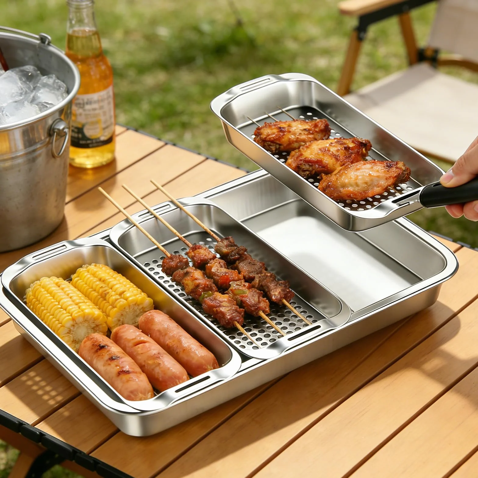 Zestaw 5 koszyków do grillowania, taca grillowa ze stali nierdzewnej, stalowe tacki do BBQ, małe patelnie grillowe do grilla gazowego z ściągaczem mgły olejowej, akcesoria do grilla BBQ z otworami na