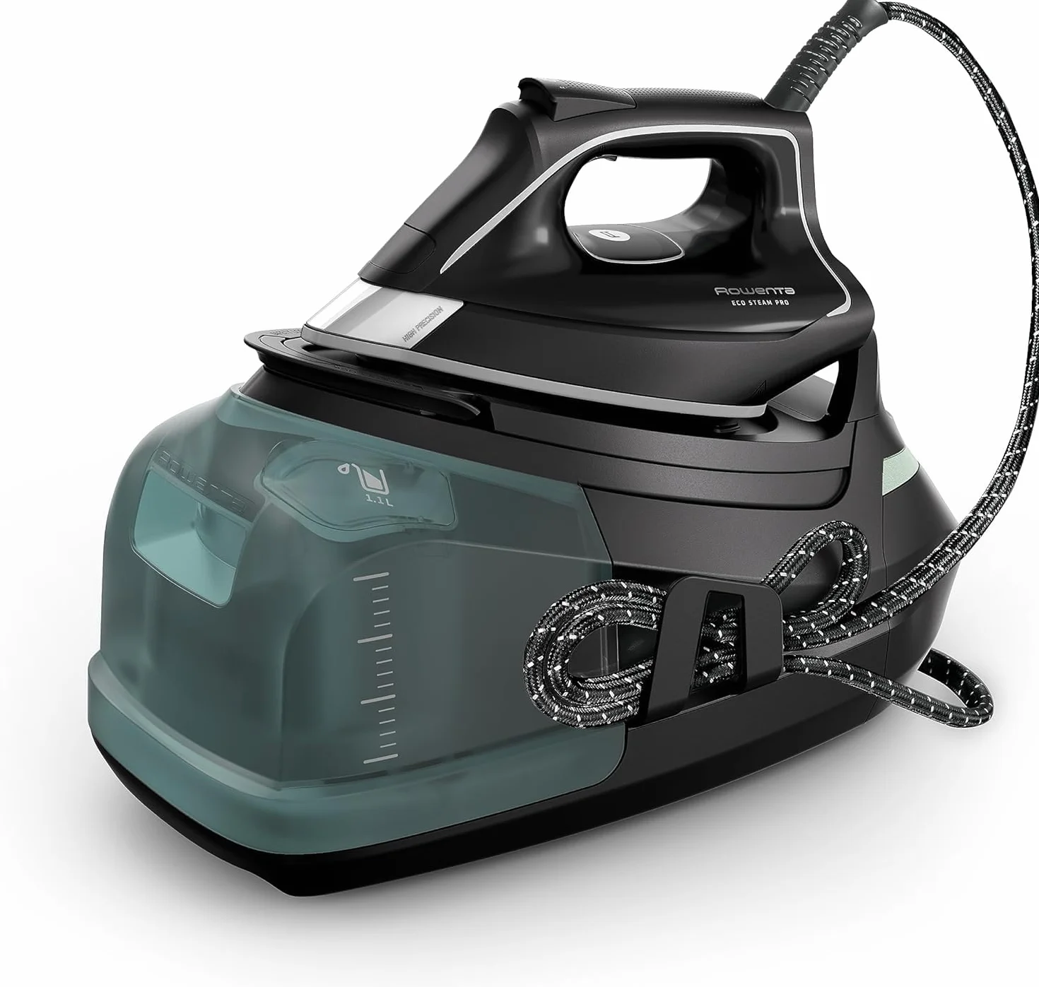 Rowenta DG9610 Eco Steam Pro stacja parowa, 2800 W, moc 7,6 bar, moc pary 140 g/min, uderzenie pary: 460 g/min, Eco Design, technologia Silence, pojemność 1,1 litra, kolor czarny/eukaliptus