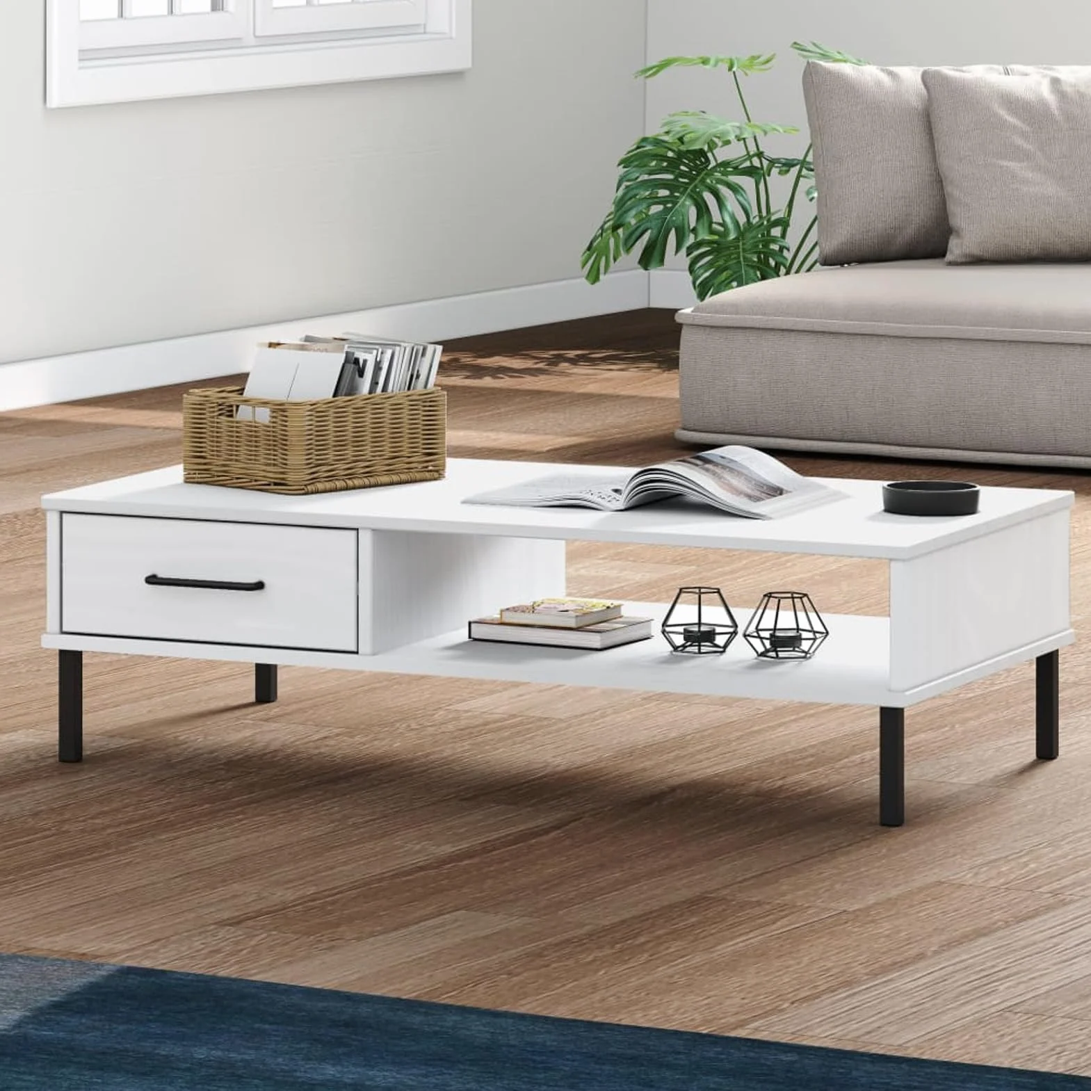 Homgoday Stolik kawowy Metalowe nogi Oslo lite drewno sosna biała, konsola pomocnicza stolik do salonu stolik boczny herbata kawa sofa salon meble meble stoliki kawowe meble