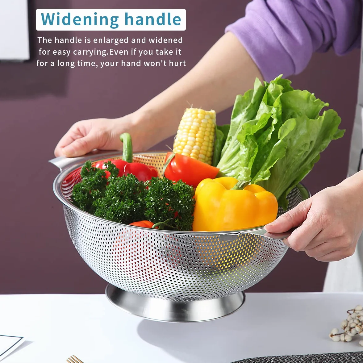 Kyraton Colander ze stali nierdzewnej 5 Quart, profesjonalne sito z ciężkimi uchwytami i samosuszającą solidną podstawą pierścieniową do makaronów, spaghetti, jagody, warzyw, owoców, makaronów, sałatek