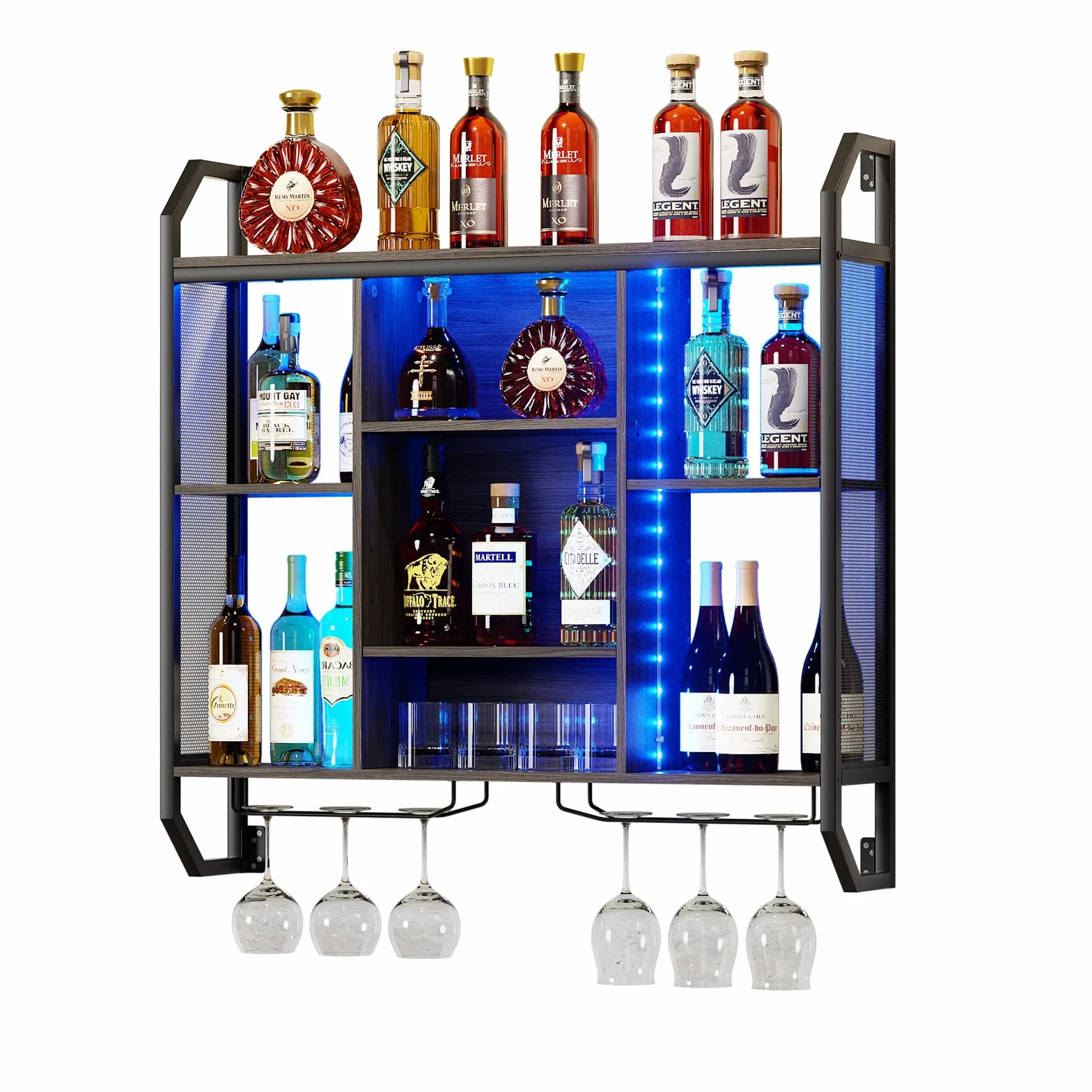 Regał ścienny na wino z oświetleniem LED, 90 x 90 cm, regał na wino do montażu na ścianie, wykonany z żelaza i płyty MDF, regał ścienny z uchwytem na szkło, regał ścienny z regulowaną półką, do barów,