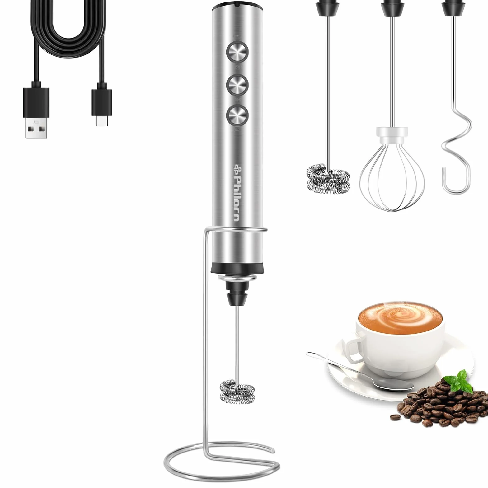 Philorn Spieniacz do mleka ze stojakiem, do wielokrotnego ładowania, ręczny spieniacz do kawy z 3 głowicami, 3 prędkości, ręczny mikser elektryczny do latte, cappuccino, matcha, mleka migdałowego