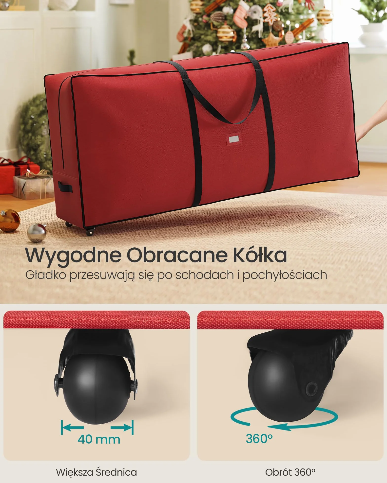 SONGMICS Torba na choinkę z kółkami 4 cm, skrzynia na choinkę do 229 cm, na zdejmowane drzewko, regulowane uchwyty, tkanina Oxford 600D, wiśniowa czerwień RXS004R03