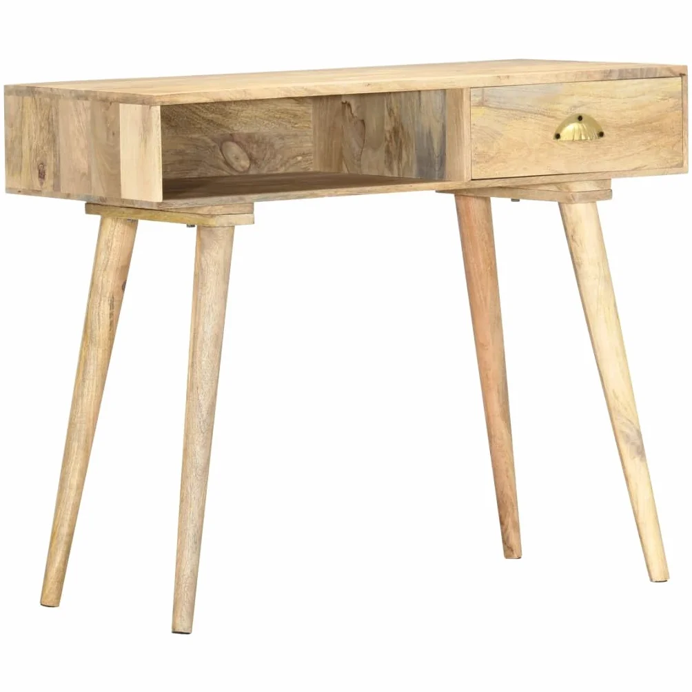 Stolik konsolowy z litego drewna mango, 90 x 45 x 75 cm, z szufladą i otwartą półką, zajmuje mało miejsca jako stolik pomocniczy, stolik do odkładania do salonu, korytarza, biura, z