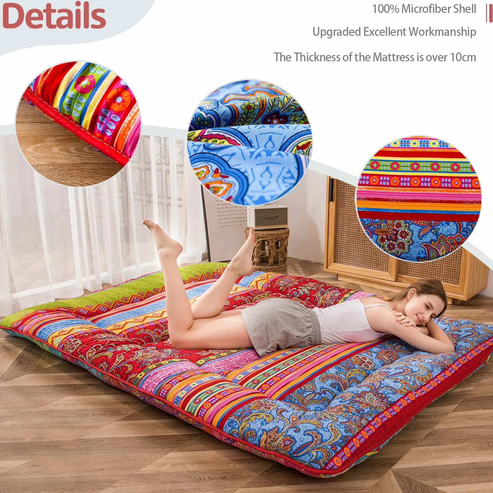 MAXYOYO Bohema retro materac podłogowy vintage kwiatowy japoński futon materac zwijany pogrubiony łóżko do spania przenośny materac kempingowy leżak podłogowy kanapa łóżko materac podkładka (boho C