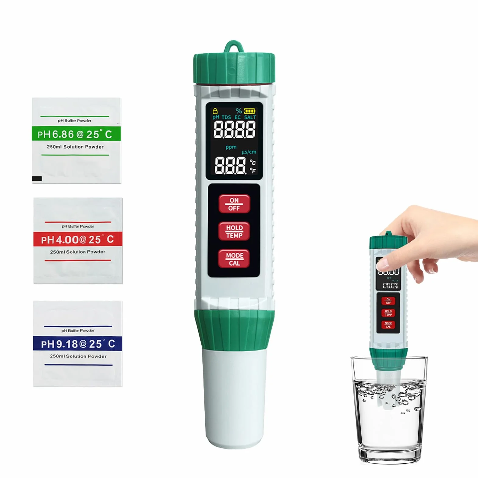 Miernik pH wody, 5 w 1 PH EC TDS zasolenie temperatura, cyfrowy tester basenu o wysokiej precyzji z wyświetlaczem LCD, miernik pH do wody pitnej, basenu, akwariów, hydroponiki i testów płynów