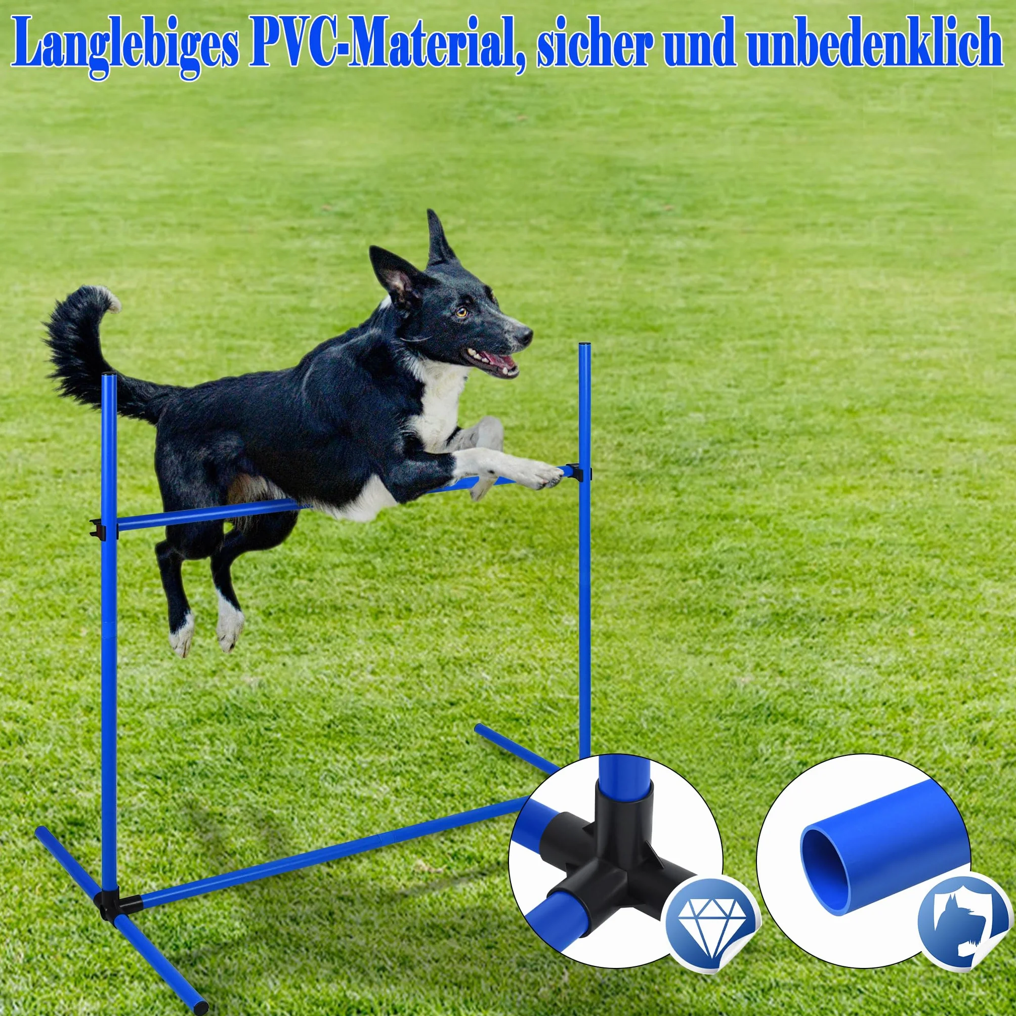 YUENFONG Agility zestaw płotków dla psów, drążki do treningu slalomu, 4 x zestaw płot, z regulacją wysokości, wyposażenie do uprawiania sportów psów, 104 x 70 x 101 cm, niebieski