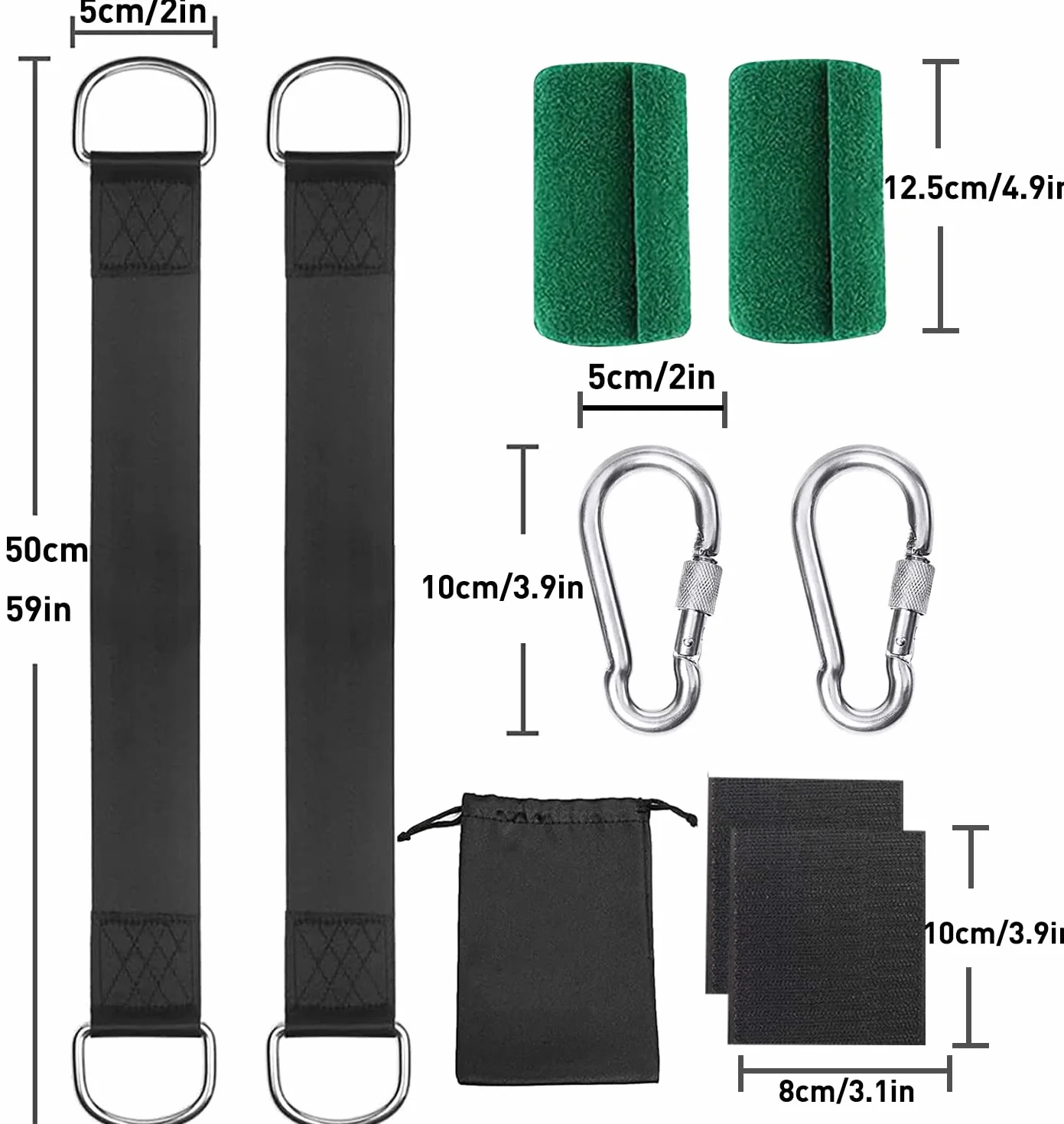 Zestaw do Zawieszenia Hamaka 150cm*2 Mocowanie Hamaka Zawieszenie Hamaka Zestaw do Zawieszania D-Ringów z 2 Ochraniaczami na Drzewa i 2 Torbą do Przechowywania Karabinków na Huśtawkę i Hamak