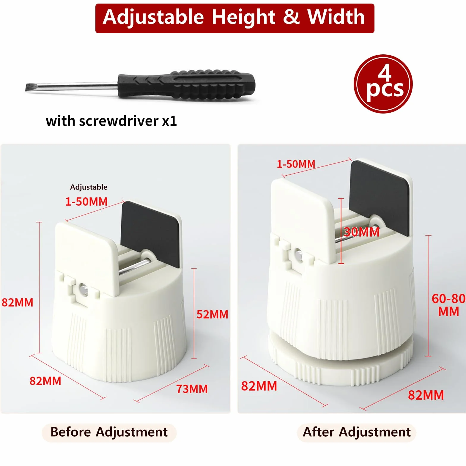 4 sztuki podwyższenia mebli 6 do 8 cm, regulowane podwyższenie łóżka do szerokości 10 do 50 mm kwadratowych i okrągłych nóg krzesła