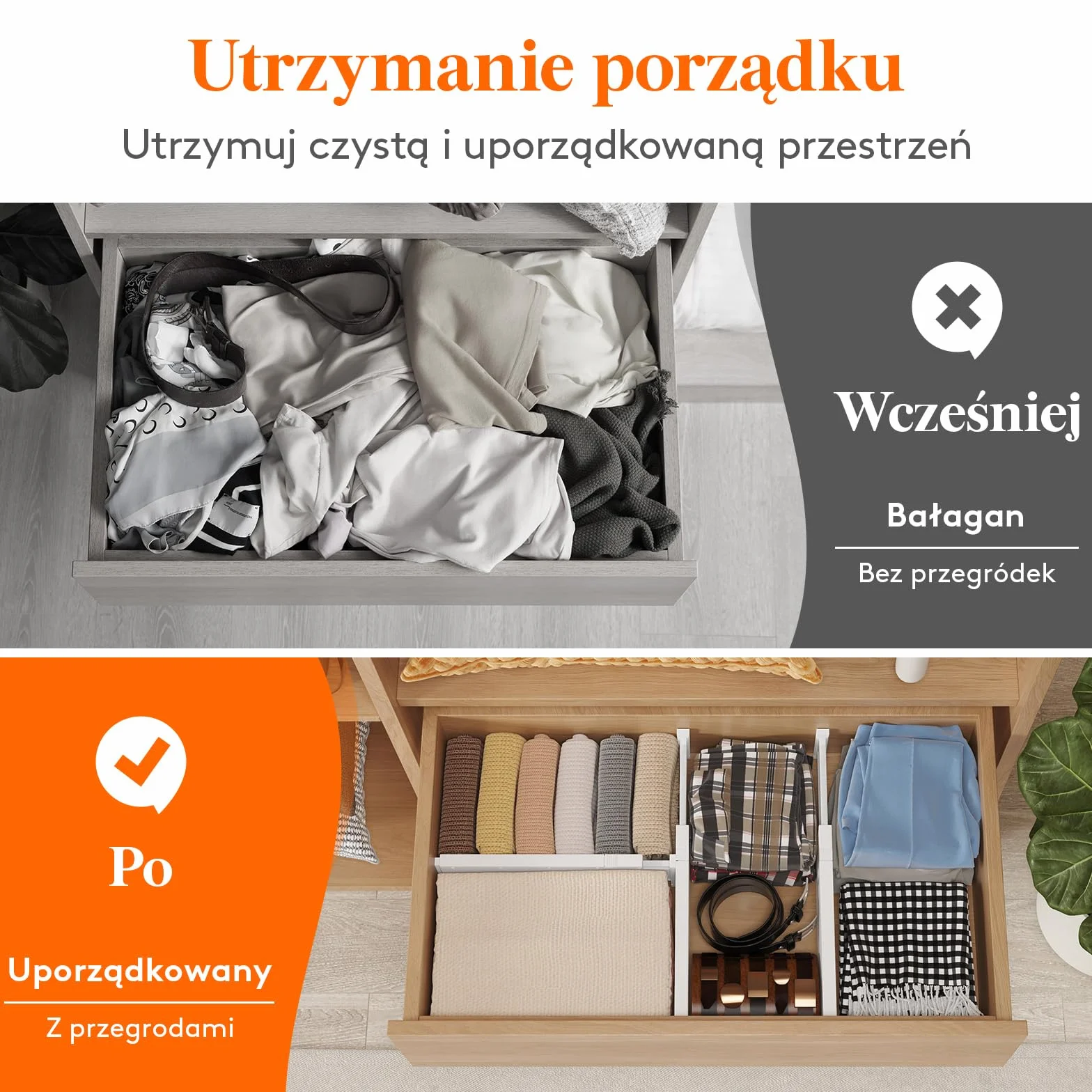 Lifewit 5-pak przegródek do szuflad o wysokości 10 cm, regulowane organizery na ubrania, rozszerzalne separatory komody w sypialni/łazience/kuchni/biurze