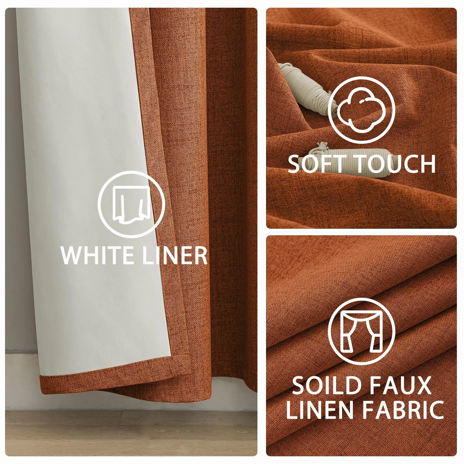 Yakamok Burnt Orange lniane zasłony 100% zaciemniające, 244 cm długości, zasłony zaciemniające do salonu, termiczne przelotki do sypialni, 2 panele z białą wyściółką