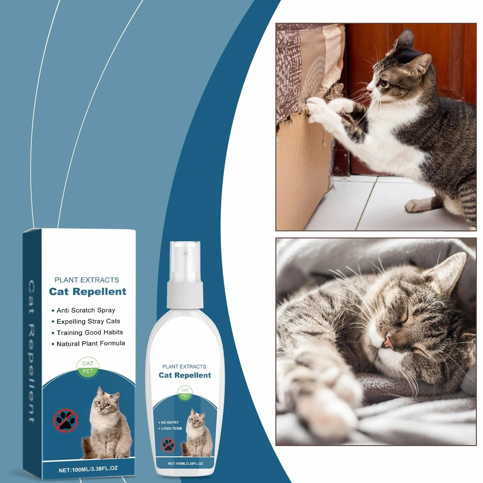 Spray do odstraszania kotów, 100 ml, środek odstraszający koty do użytku wewnątrz i na zewnątrz, spray przeciw zarysowaniom, naturalne składniki, oddawanie moczu i zarysowania, na dywany