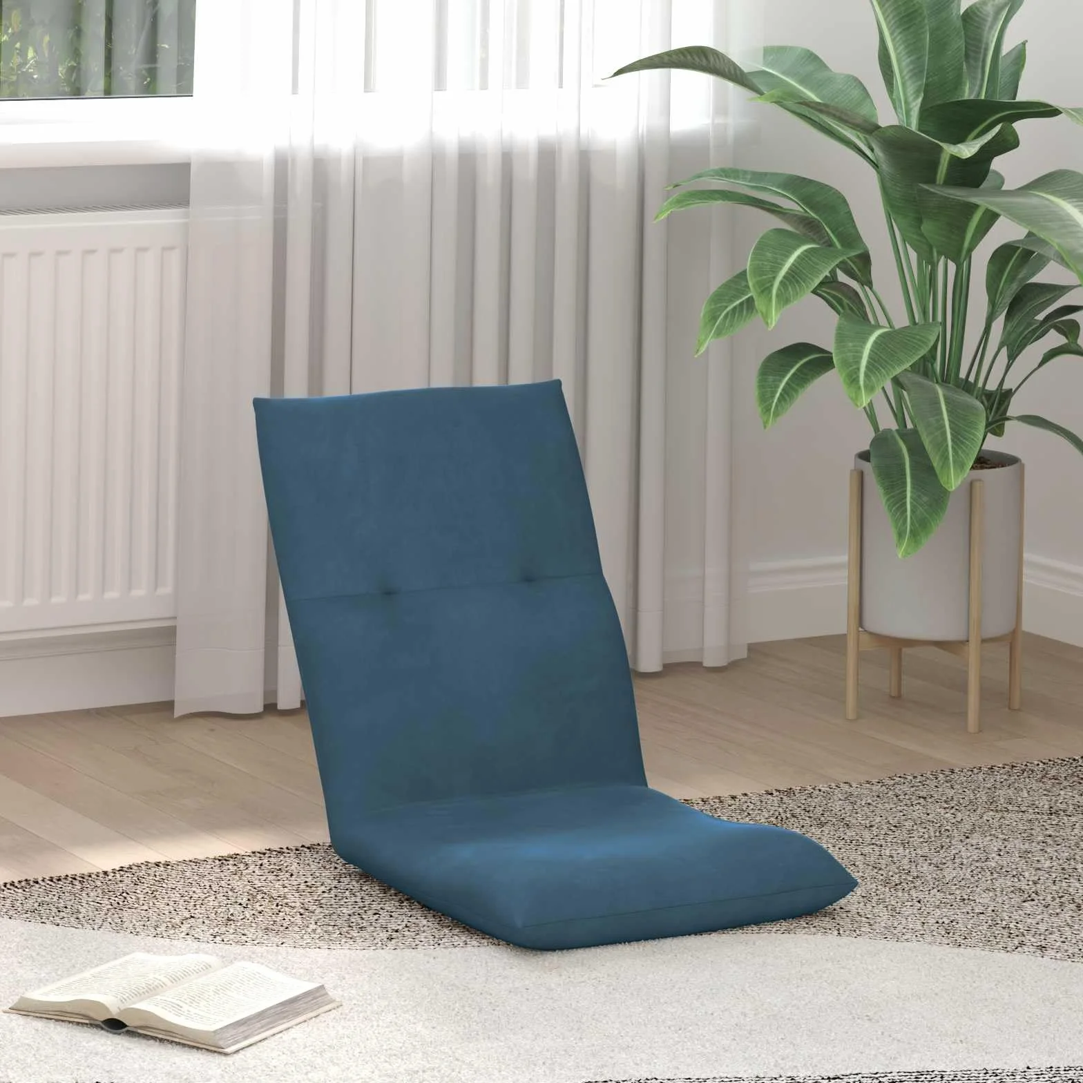 Krzesło podłogowe, niebieskie, aksamitne, 46 x 50 x 61 cm, składane i regulowane, z wyściełanym oparciem, ergonomiczne i nie zajmuje dużo miejsca do czytania, jogi, gier i biura