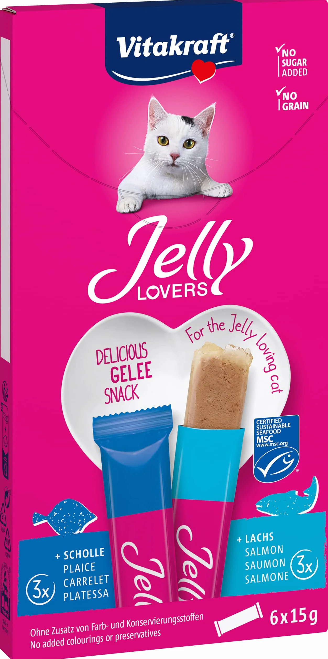Vitakraft Jelly Lovers, przekąska dla kota, z łososiem i gładzicą, w opakowaniu zapasowym, bez dodatku cukru i zbóż (1 opakowanie 6 x 15 g)
