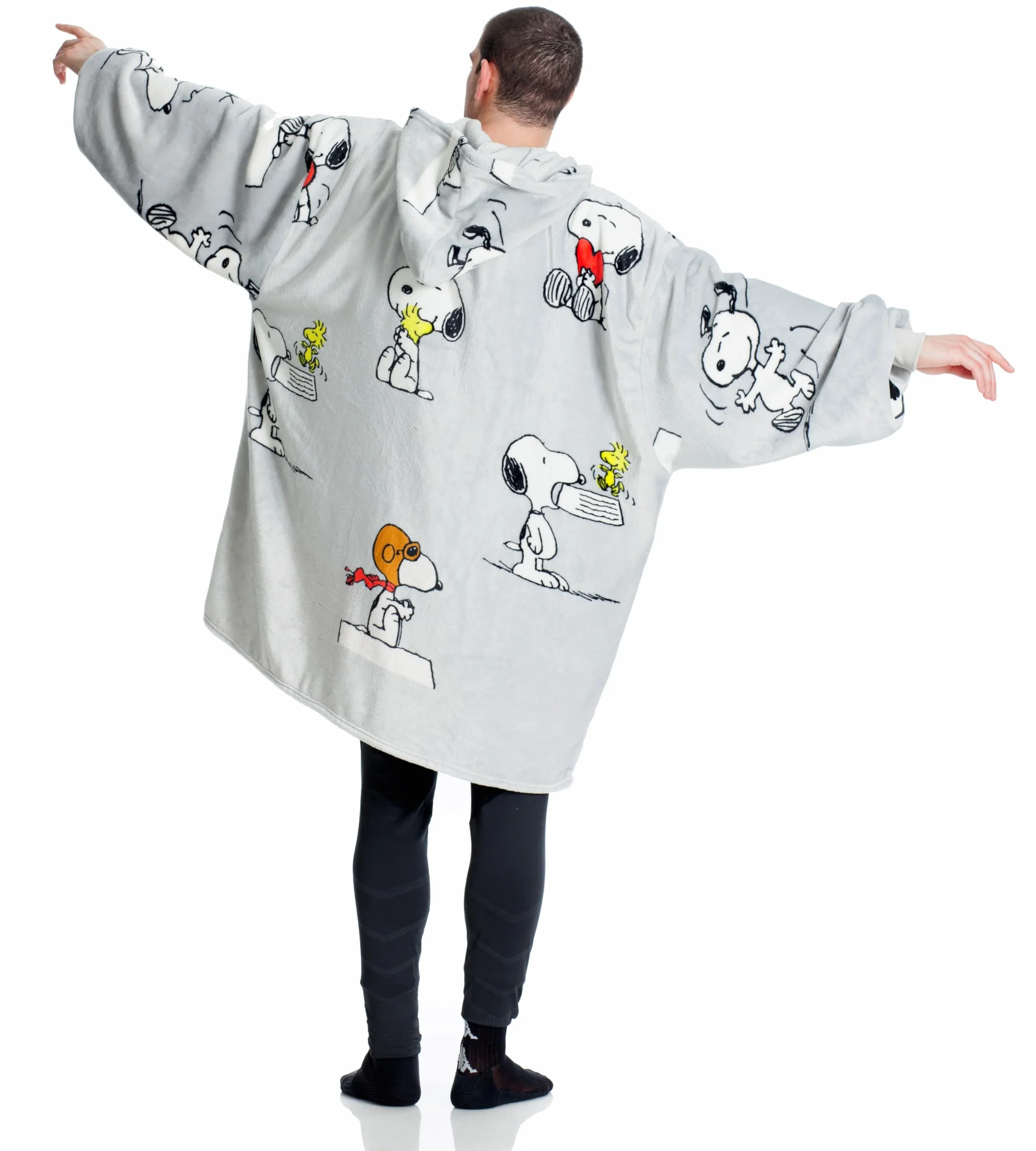 KANGURONE SNOOPY Bluza z kapturem, przenośny koc z mikrofibry mięsnej, z kapturem i kieszenią, pomysł na prezent dla kobiet i mężczyzn, bluza z kapturem oversize, jasnoszara, 95 x 95 cm